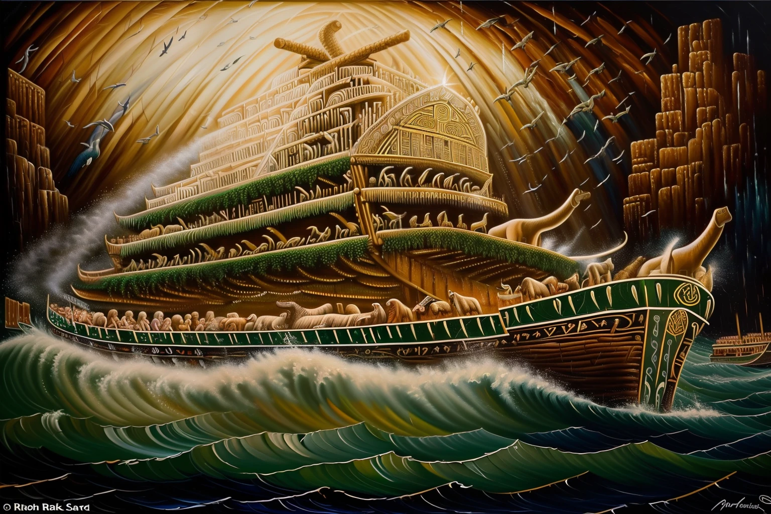 (((stunning oil painting of beautifully portrays the Old Testament's Noah's ark in all its glory:1.3))), intricate details and a multitude of animals aboard Noah's ark, capturing both beauty and fear in the crashing waves of the sea, as if depicting the wrath of the gods through the weather, ultimate rendering of a biblical masterpiece, every pixel shining in its full glory, in the highest resolution and with no blurriness in sight.