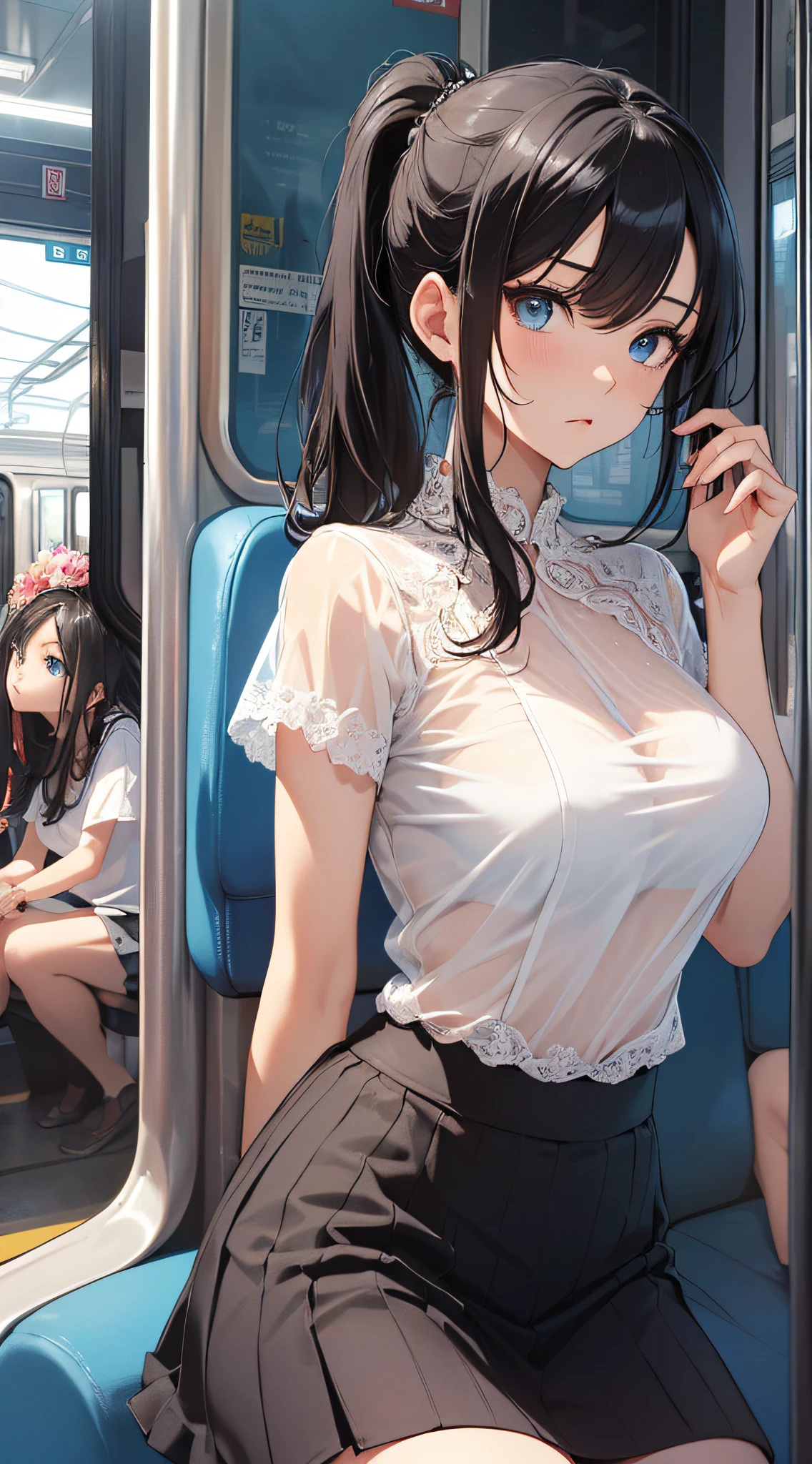 top-quality、Top image quality、masterpiece、girl with((18year old、Best Bust、Medium bust、Bust 85,Beautiful blue eyes、Breasts wide open,Black Short Sleeve T-Shirt、White see-through、Black short skirt、Ponytail with black hair、sitting in the seat、View your phone、serious facial expression))hiquality、Beautiful Art、Background with((On the train、crystal clear skies)),masutepiece、Elaborate design、visualart、depth of fields、The best lighting、highestdetailed、