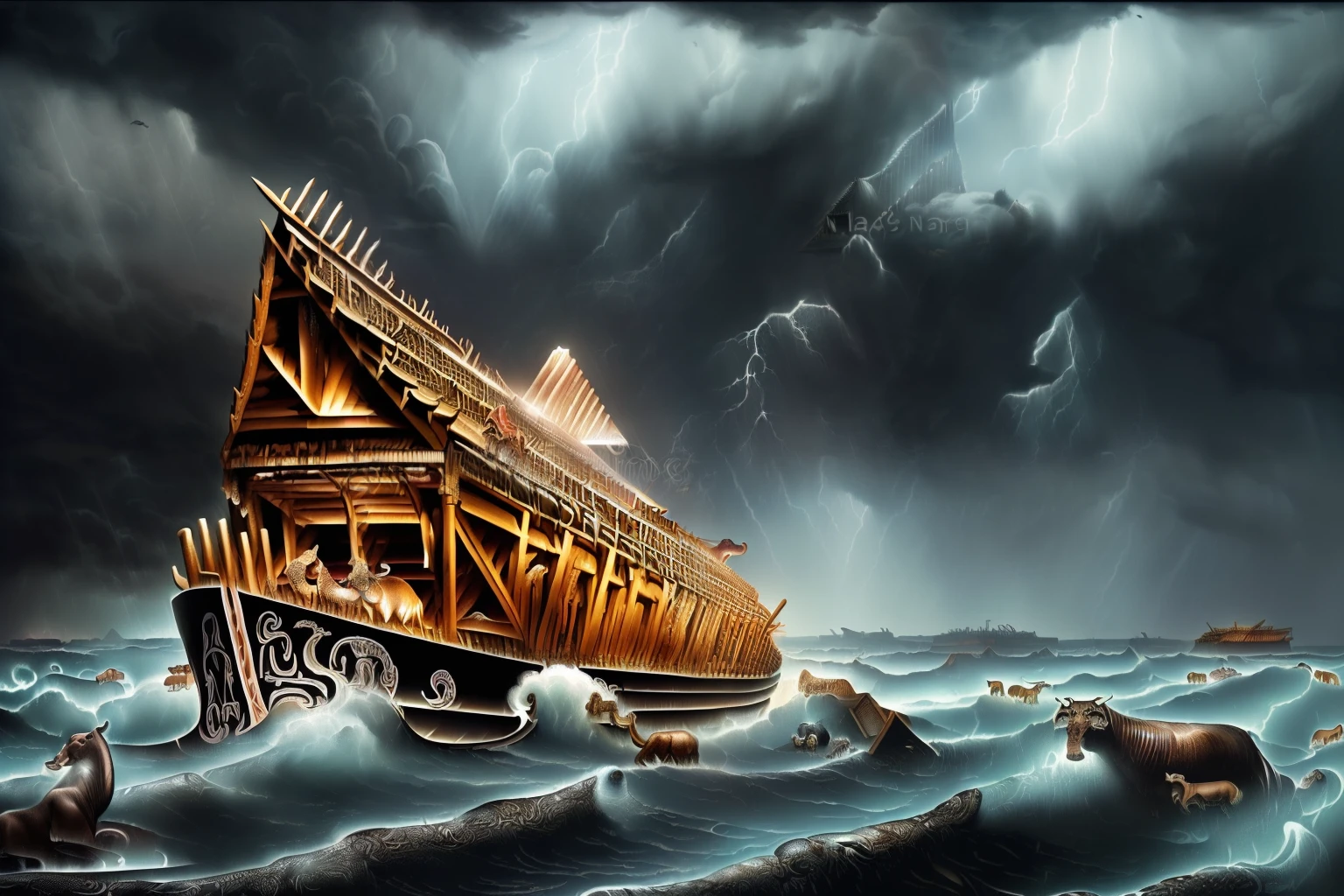 from below, (((Noah's-Ark on it animals illustration:1.3))), ((rough sea background:1.2)), (((darkest cloud sky with heavy rain:1.2))), oil paint, rich colors coating, (Old Testament atmosphere:1.3), (extremely insane details:1.3), (intricate details:1.1), (envision a vibrant and detailed rendering:1.1), (highly quality:1.2), ((stunningly detail visual quality:1.2)). official art,