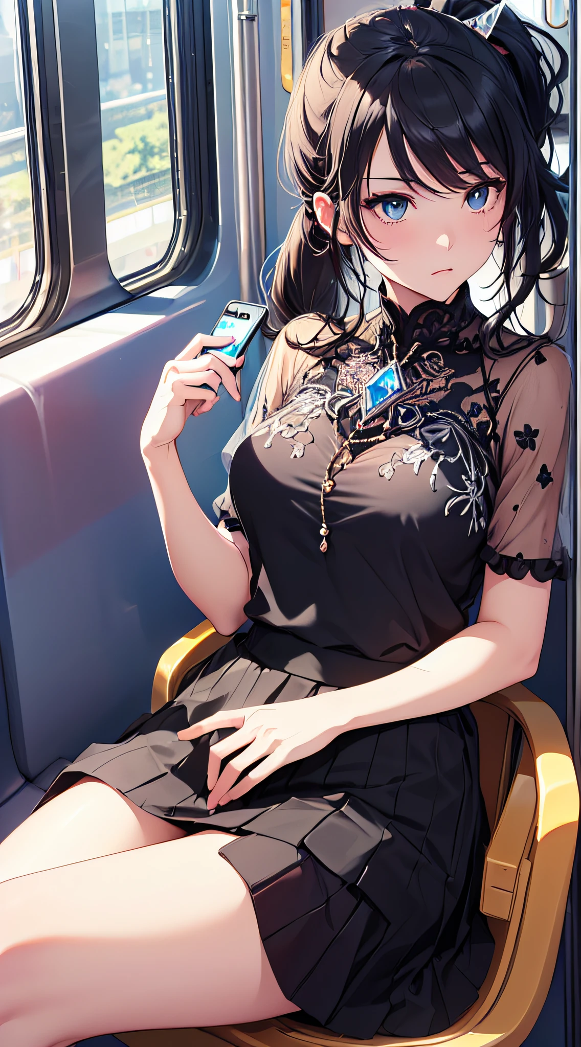 top-quality、Top image quality、​masterpiece、girl with((18year old、Best Bust、Medium bust、Bust 85,Beautiful blue eyes、Breasts wide open,Black Short Sleeve T-Shirt、White see-through、Black short skirt、Ponytail with black hair、sitting in the seat、View your phone、serious facial expression)）hiquality、Beautiful Art、Background with((On the train、crystal clear skies)),masutepiece、Elaborate design、visualart、depth of fields、The best lighting、highestdetailed、
