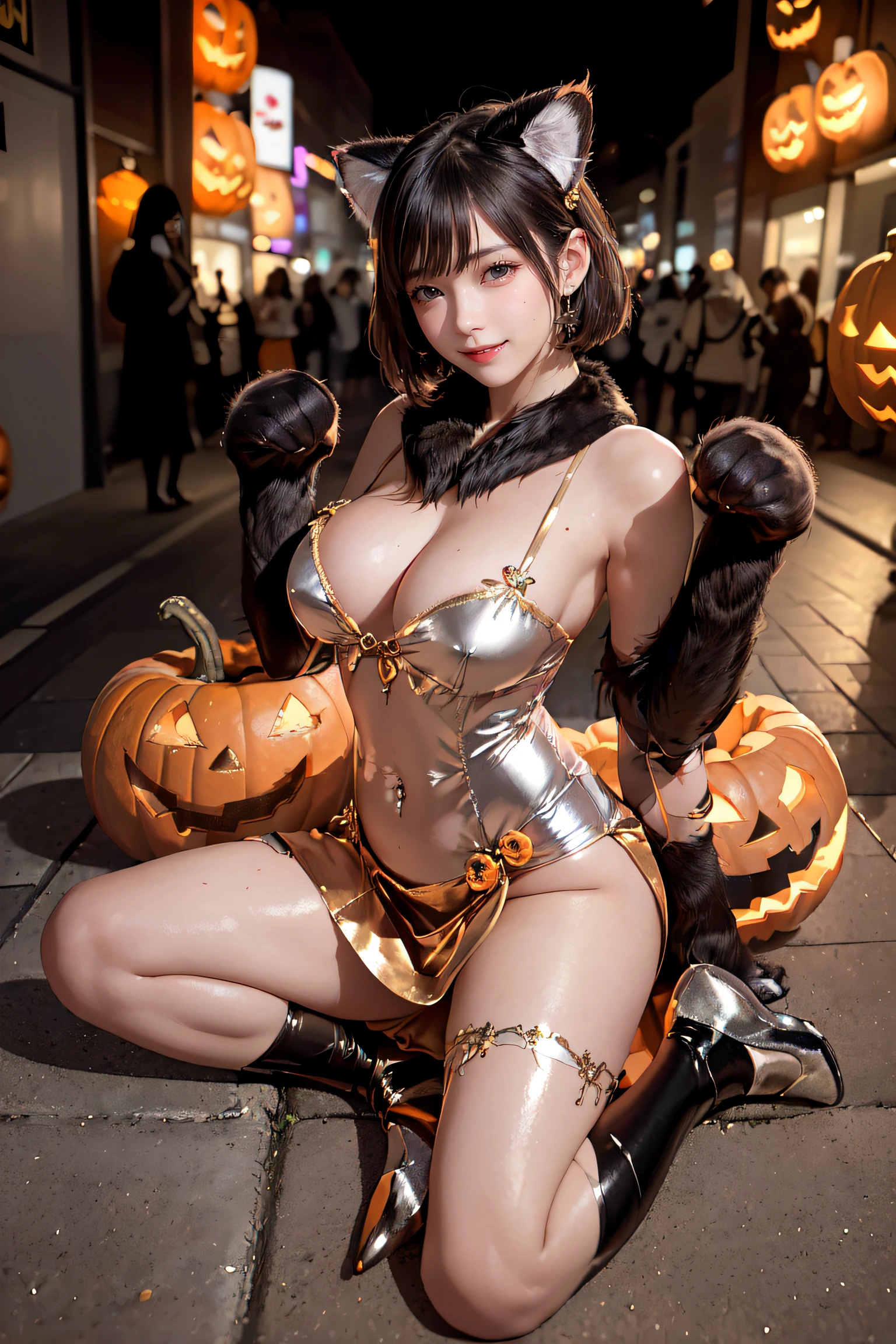 masterpiece, top-quality, top-quality, Beautifully Aesthetic:1.2, 1girl, Halloween party night, ((Wearing a high-quality Sexy cat costume of fur, gloves of cat, cat paw-shaped shoes, shiny slit miniskirt):1.2), high detailed, (Lying on the ground with Sexy gravure pose:1.3), (large breasts:1.2, (firm breast, nicely shaped breasts), slender figure,
((Dark Brown Hair)), wavy hair, ((short hair:1.2)),
((in A modern street of decorated for Halloween in Shibuya at late night:1.2)), (Full body shot:1.1), (From below:1.2), (Focus on face:1.1), ((looking at viewer:1.2)),