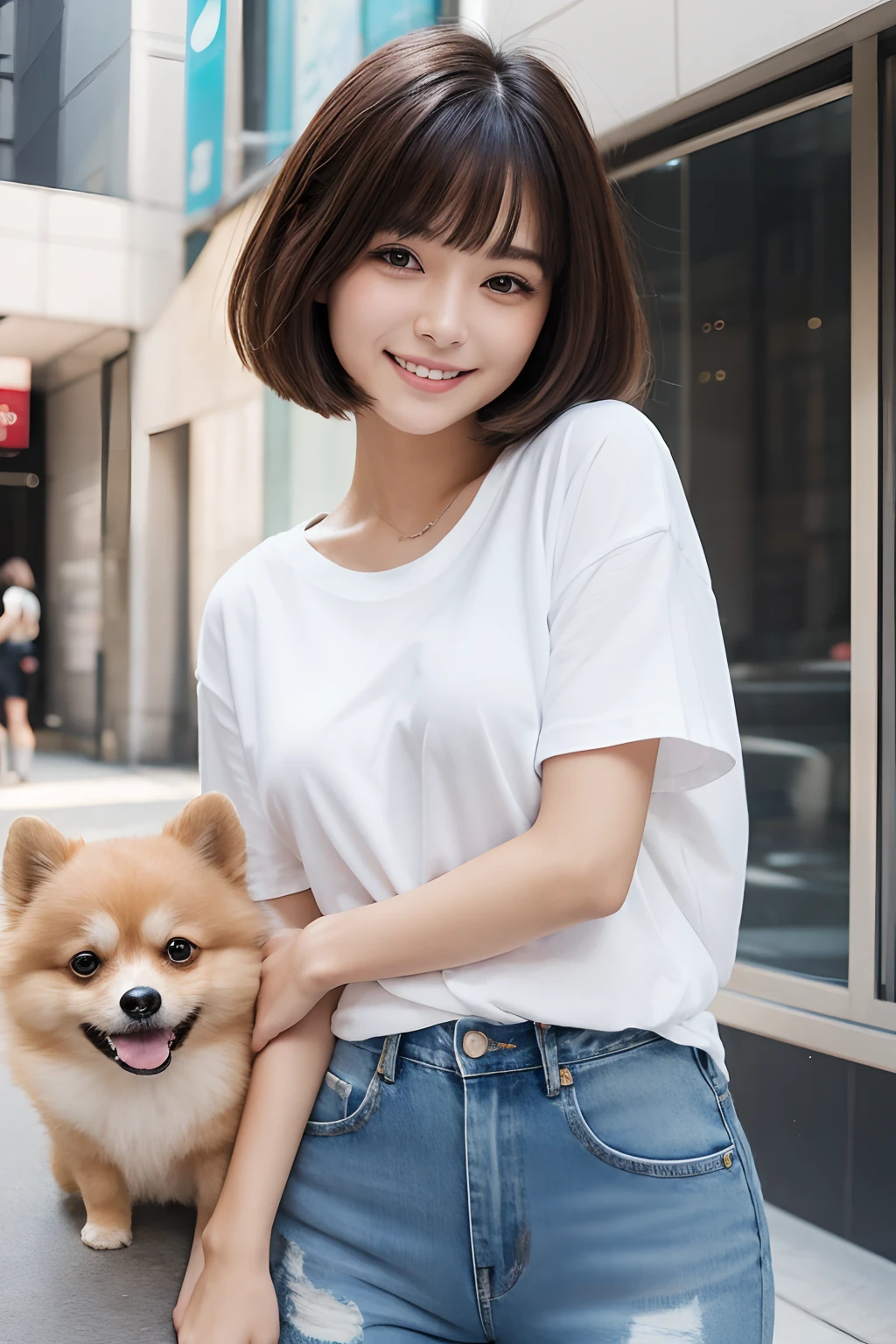 25 year old woman, Hugging a Pomeranian, ssmile, The city of Tokyo、white t-shirts、denim pant、bob cuts、Brown hair、bangss、耳Nipple Ring、during daytime、Turn to the dog and smile、Detailed hand、Anatomically correct configuration