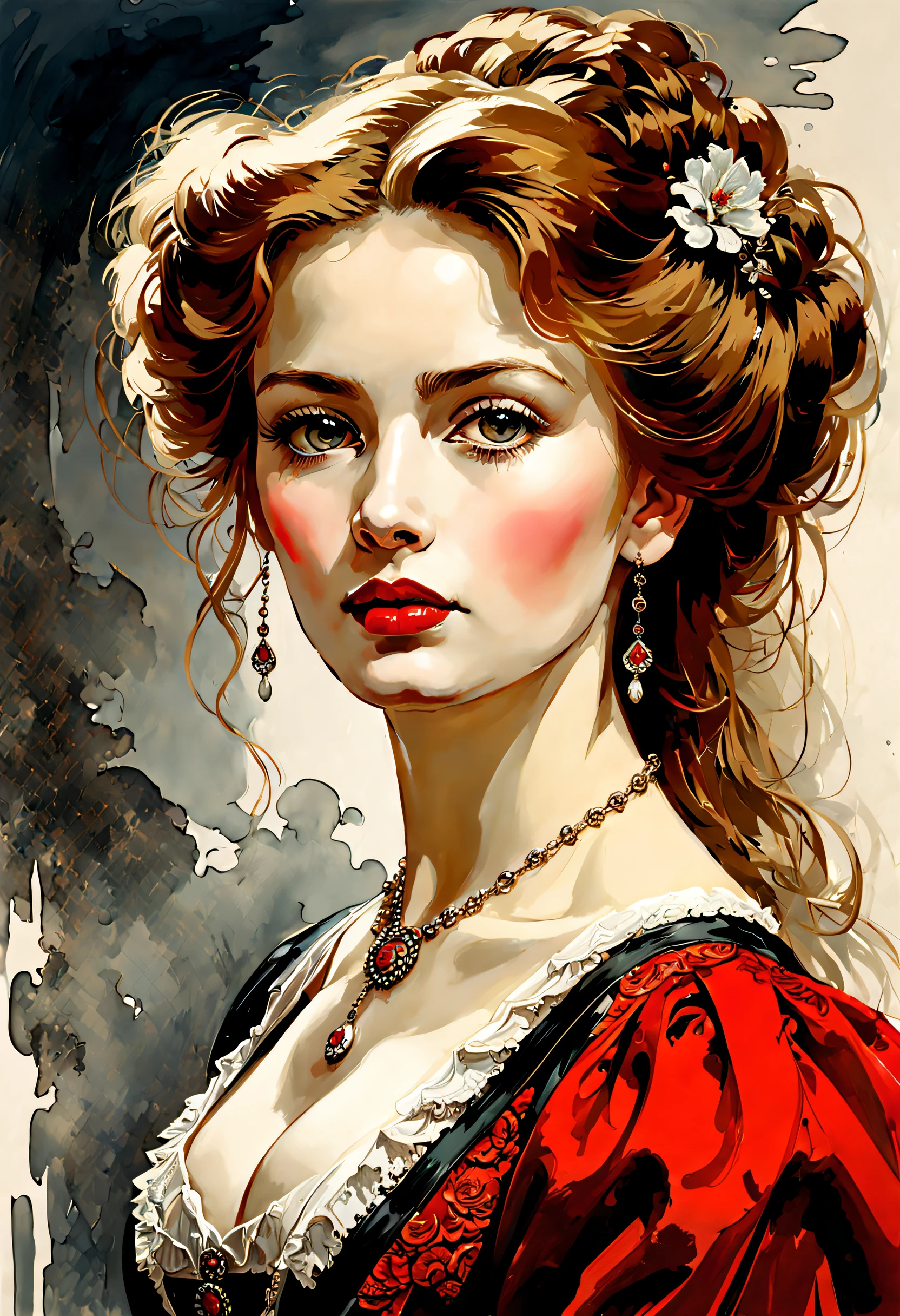 victorian era hungarian female xix century female, hazel hair, red lips, pretty features, Wadim Kashin, James Gurney, Ink, splash art", amazing beauty , Royo, Bak, hyperdetailed Splash artmodern European ink painting
