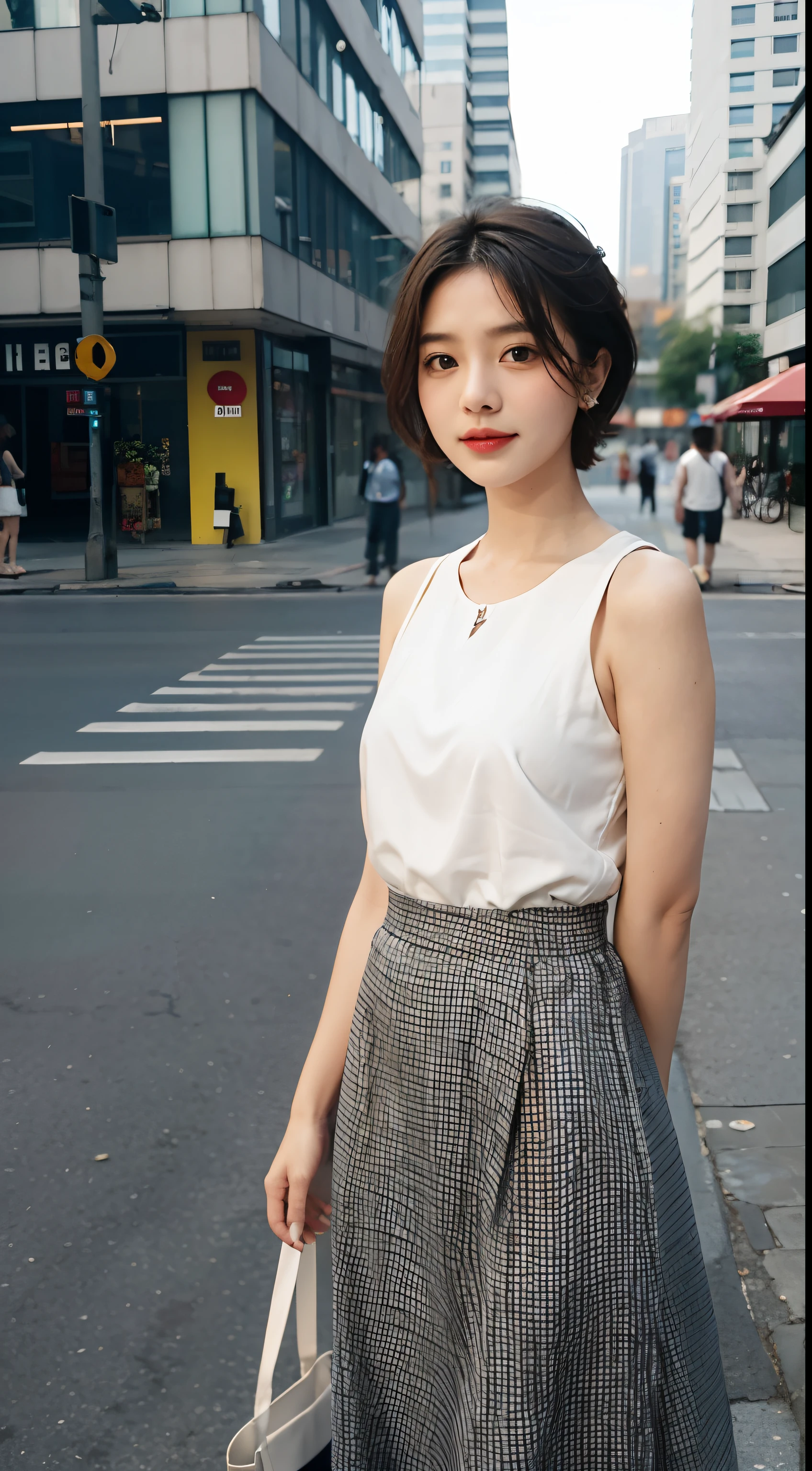 gentle and cute，short detailed hair，long  skirt，urban backdrop，Stand up，facing to audience，frontage