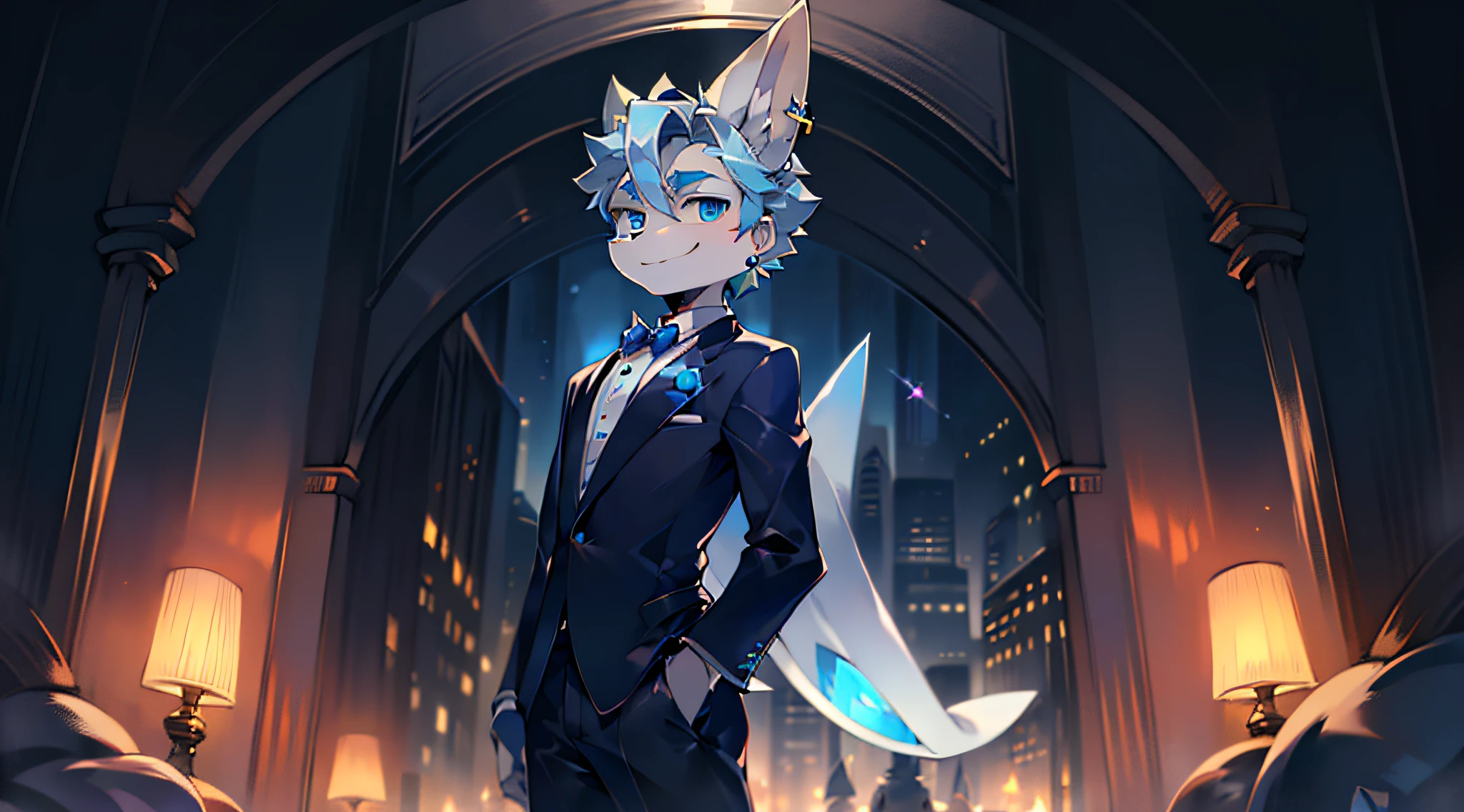 (highres),rabbit,grey fur,animal ears,elongated ears,male,sapphire blue eyes,charming smile,villainous character,right ear earring,silver earring,bad,suit shirt, boy