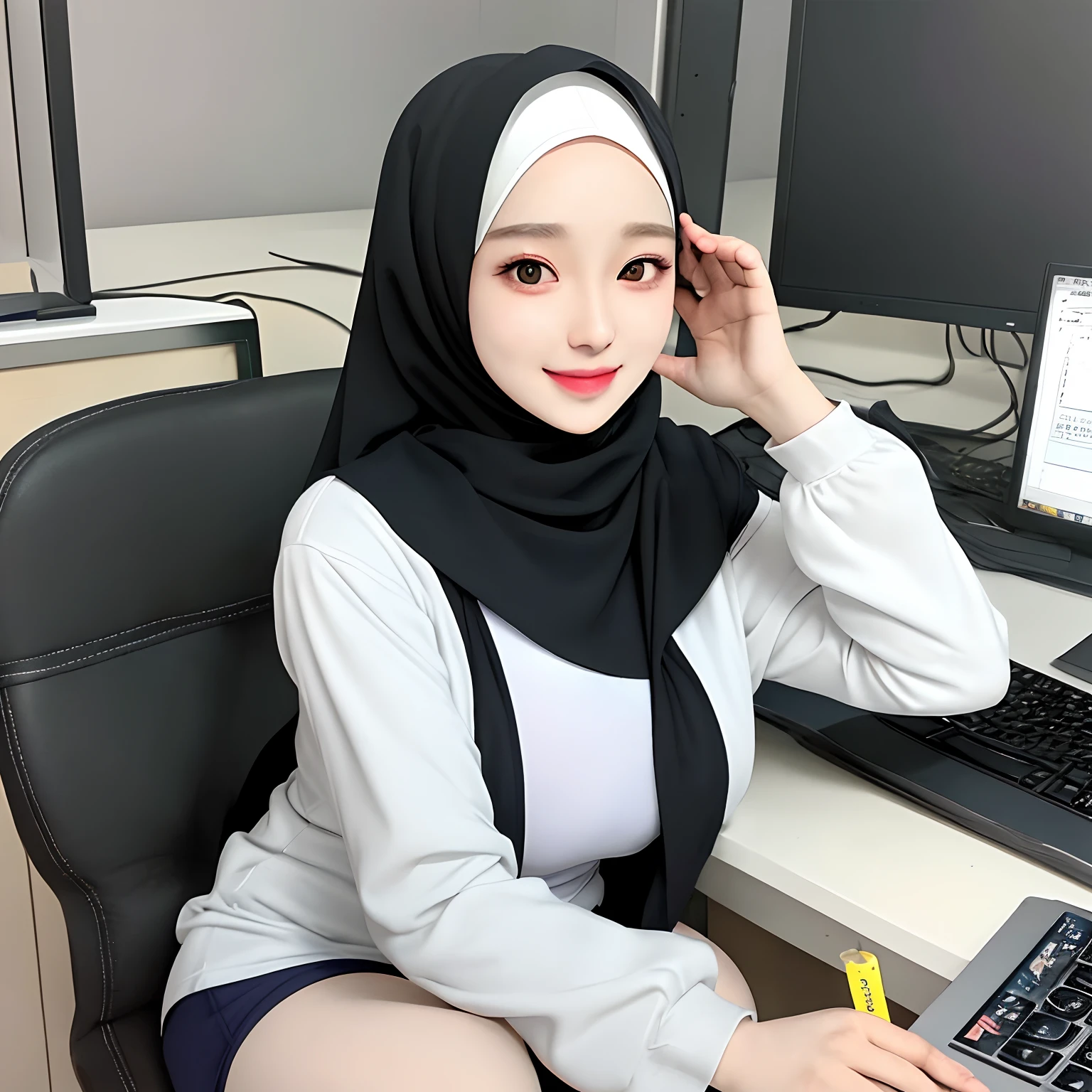 Hijab,realistic girl,kpop idol,1girl,korean girl,sexy,beautiful,he tall,super big breast,(P cup),happy and smile very detailed face,t-shirt,hijab,and long tight mini short pants outfit,in my office,table,chair,computer,earphone,handphone,hijab girl is secretary,sitting,use earphone in hijab,His hands are in a waving or goodbye style