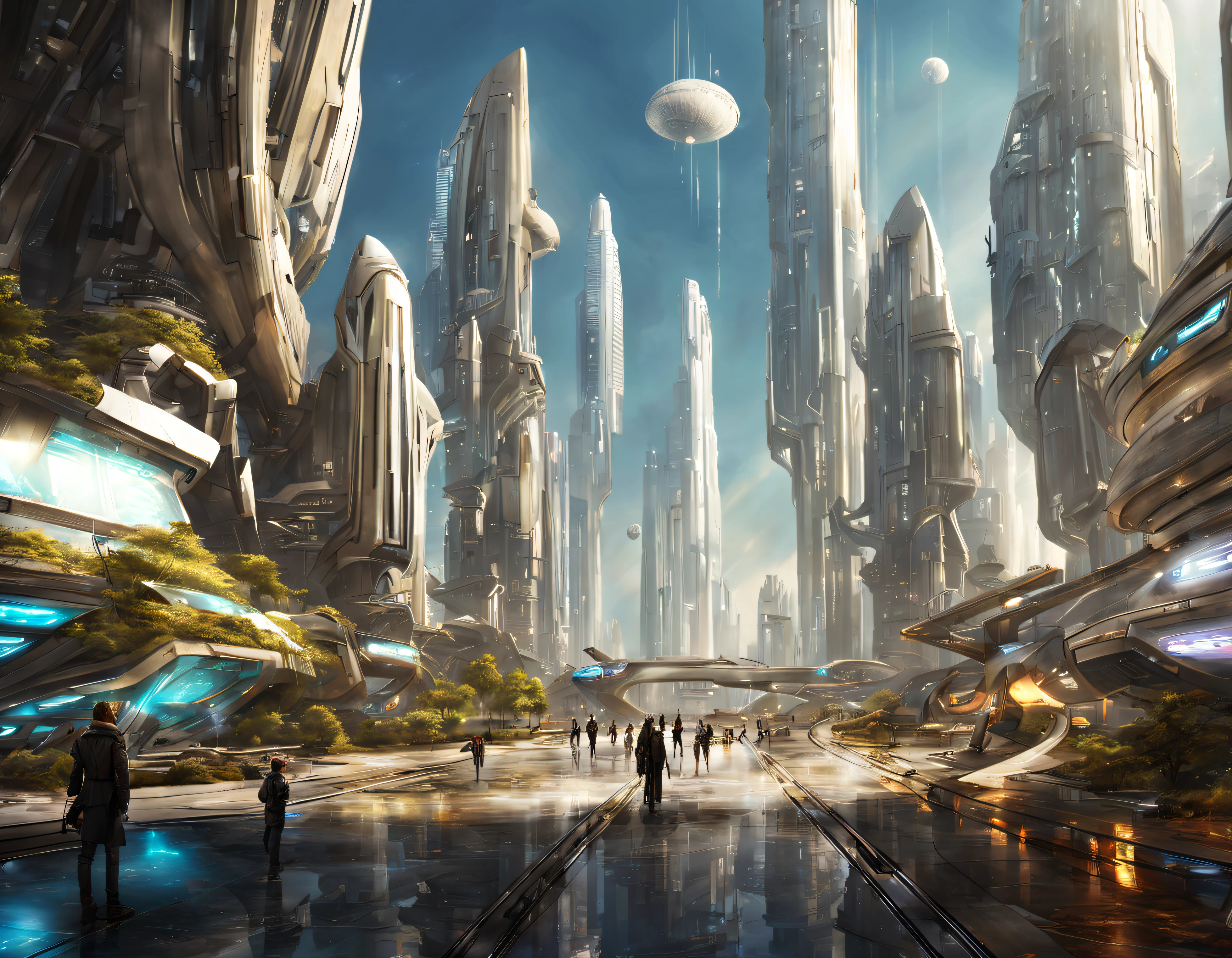 On an unknown planet there is a futuristic city with immense buildings of technological design que forman una infinita avenida, con estructuras acristaladas en plata, oro y bronce espectaculares en la que sobrevive un robot femenino espectacular. con colores vivos. pavimento ensolado. gente paseando. cierto aire a coruscant.