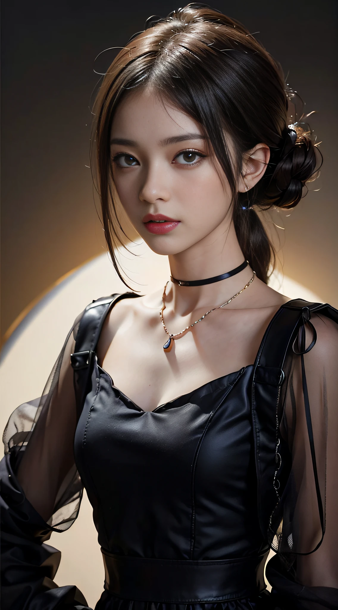 ((​masterpiece:1.4)、(top-quality:1.4)、(reallistic:1.7))、masuter piece:1.4、Kawaii Girl、Portrait photos、Close-up photos、Upper body photography、beautiful countenance、defiance、dark backgrounds、Narrow waist、poneyTail、Raw photo、red-lips、a choker:1.4、a necklace:1.4、耳Nipple Ring:1.4、1 screen display、