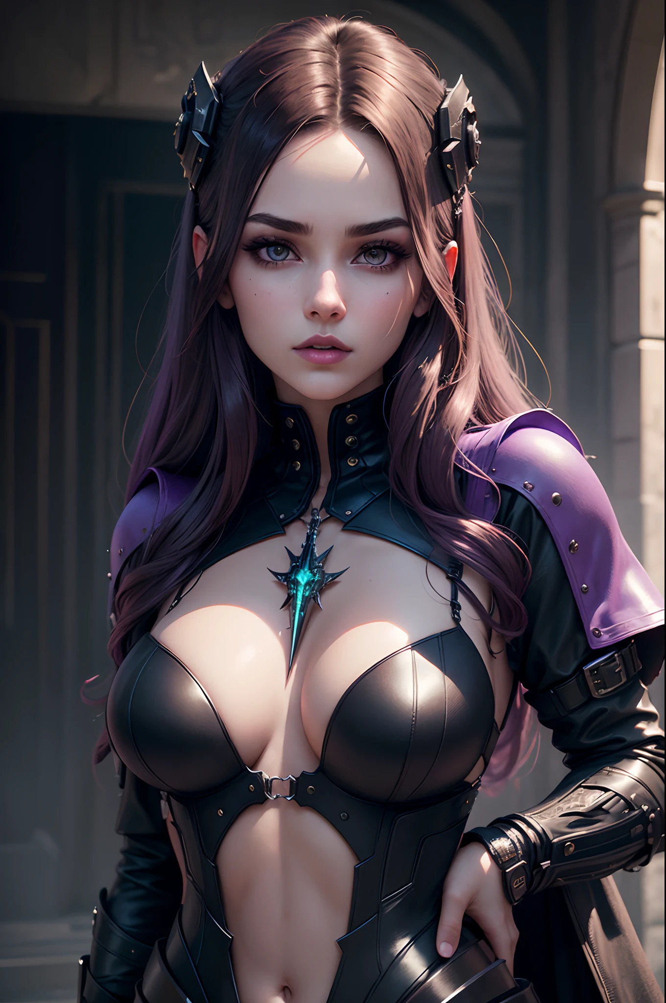 Create a realistic 3D model of a beautiful girl with long, dark brown hair featuring violet highlights, green eyes, and deep purple lips. Her complexion should be fair and her attire in a Gothic style. The scene should display her in an American shot, making sure her gaze is directed towards the camera to establish a connection with the viewer. The background should depict the interior of a cyberpunk-style Gothic cathedral, adorned with futuristic elements. There should be a halo of light gently illuminating the girl, giving her an ethereal appearance. The overall design should emphasize both her beauty and the juxtaposition of traditional Gothic aesthetics with a futuristic, cyberpunk twist.