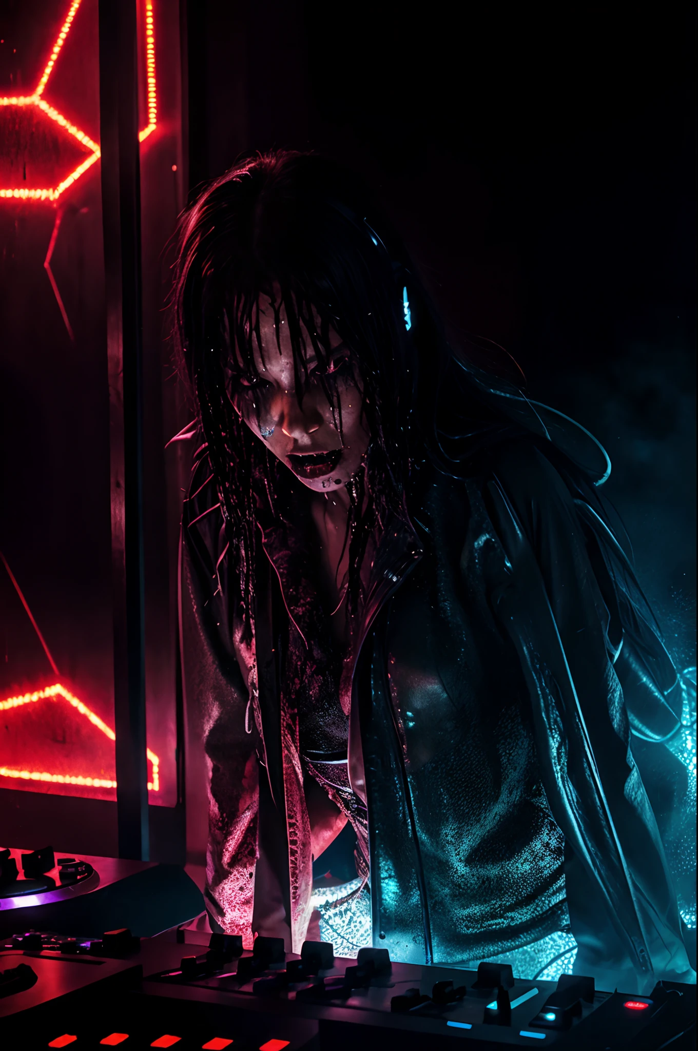 horror moody lights scary atm osphere DJ Luna, drenched and exhilarated, screams again, a primal release of emotions. She's the psycho DJ,