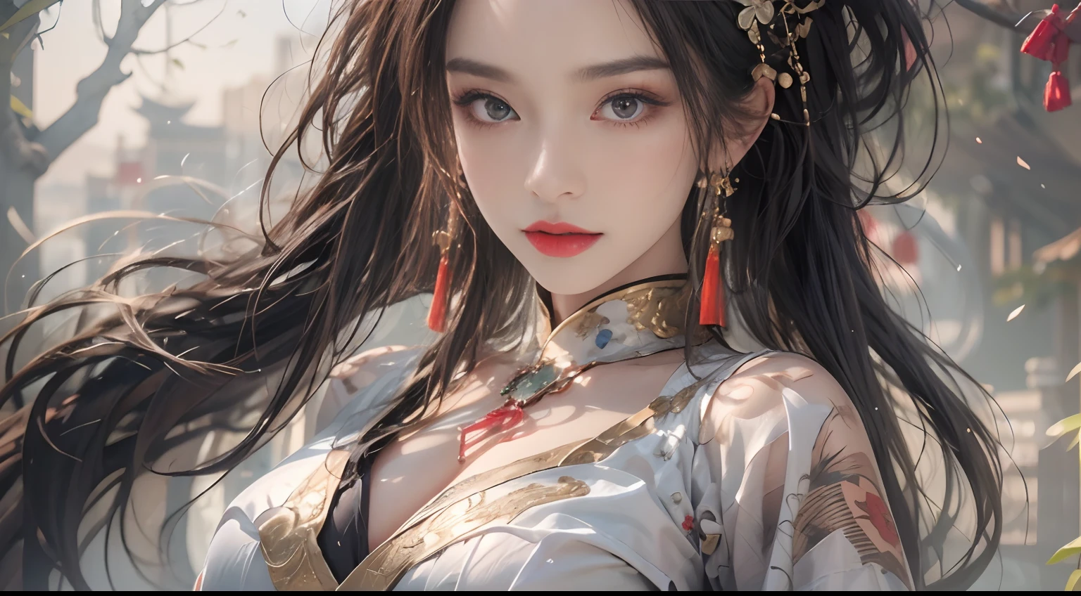 1 very beautiful medusha queen in hanfu, thin red silk shirt with many yellow motifs, black lace top, crown on her head, long hair dyed black, beautiful hair jewelry, pretty and cute face, perfect face, earring jewelry, antique jewelry, big red eyes, sharp eye makeup, meticulous eyelash makeup, thin eyebrows, high nose, pretty red lips, no smile, pursed lips, rosy cheeks, large breasts, big breasts, well-proportioned breasts, slim waist, red mesh stockings with black border, Chinese hanfu style, fictional art patterns, vivid and realistic colors, RAW photos, actual photos, ultra high quality 8k surreal photo, cool photo, (virtual light effect: 1.8), 10x pixel, effect magic (background): 1.8), super detailed eyes, beautiful girl portrait, alone girl, ancient hanfu background, looking directly at the audience, wide original photo, 8k quality, super sharp, the most detailed and clear picture, detailed light background,