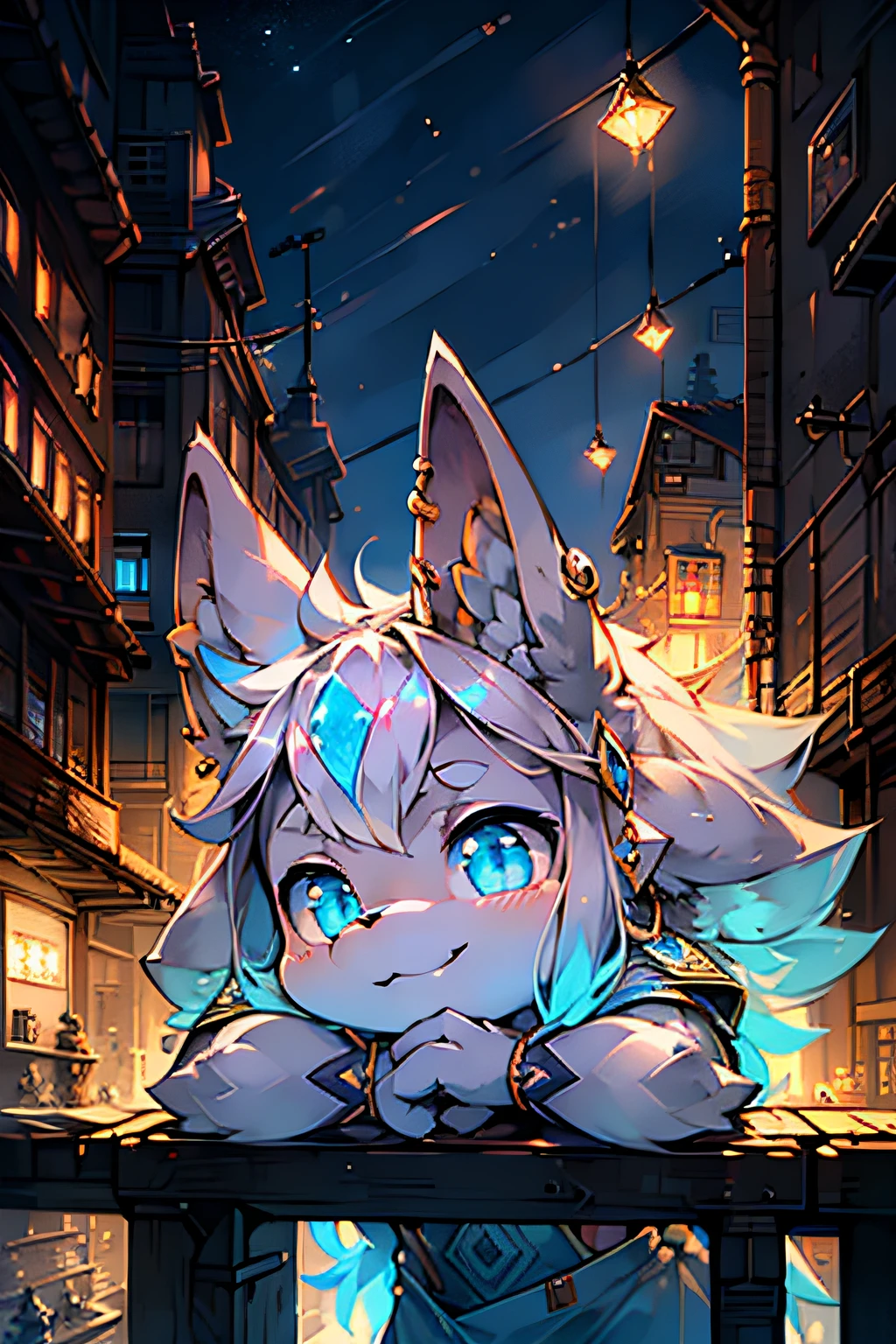 (best quality,4K:1.2),a gray rabbit leaning against a wall, with a cunning smile and blue eyes, two long ears, the right ear adorned with a silver round earring. The rabbit is situated in a vibrant city at night, where lively lights create a relaxed atmosphere. The city is bustling and colorful, with an illustration style. The overall appearance is primitive.