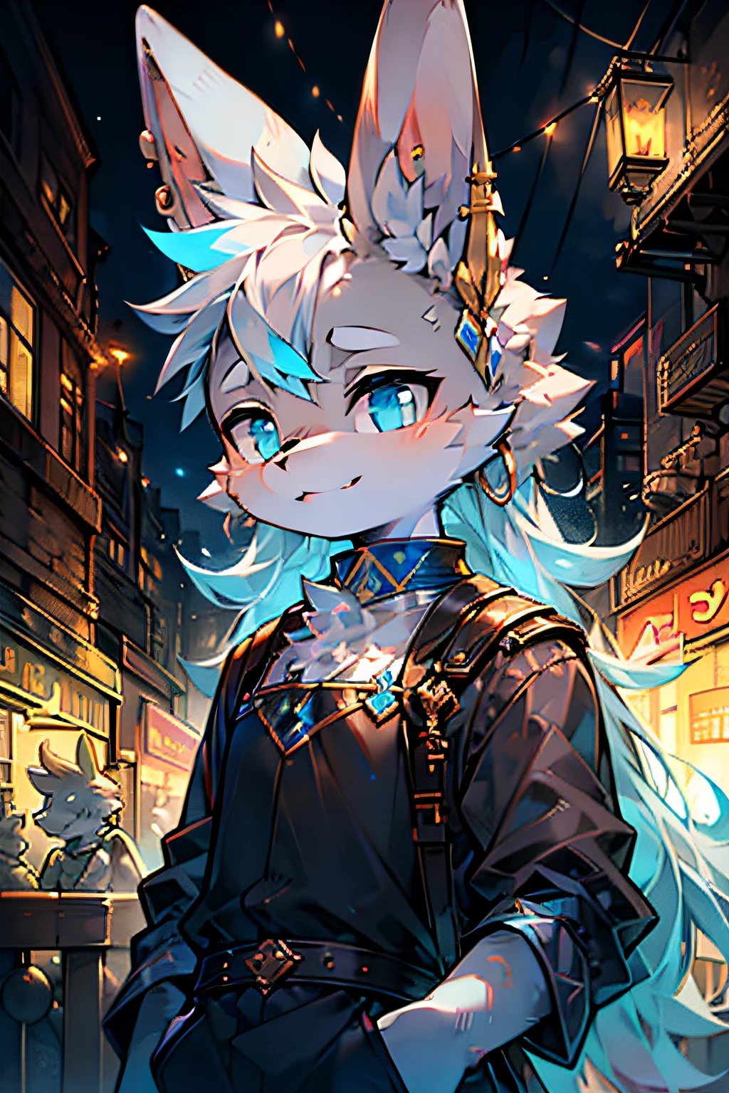 (best quality,4K:1.2),a gray rabbit leaning against a wall, with a cunning smile and blue eyes, two long ears, the right ear adorned with a silver round earring. The rabbit is situated in a vibrant city at night, where lively lights create a relaxed atmosphere. The city is bustling and colorful, with an illustration style. The overall appearance is primitive.