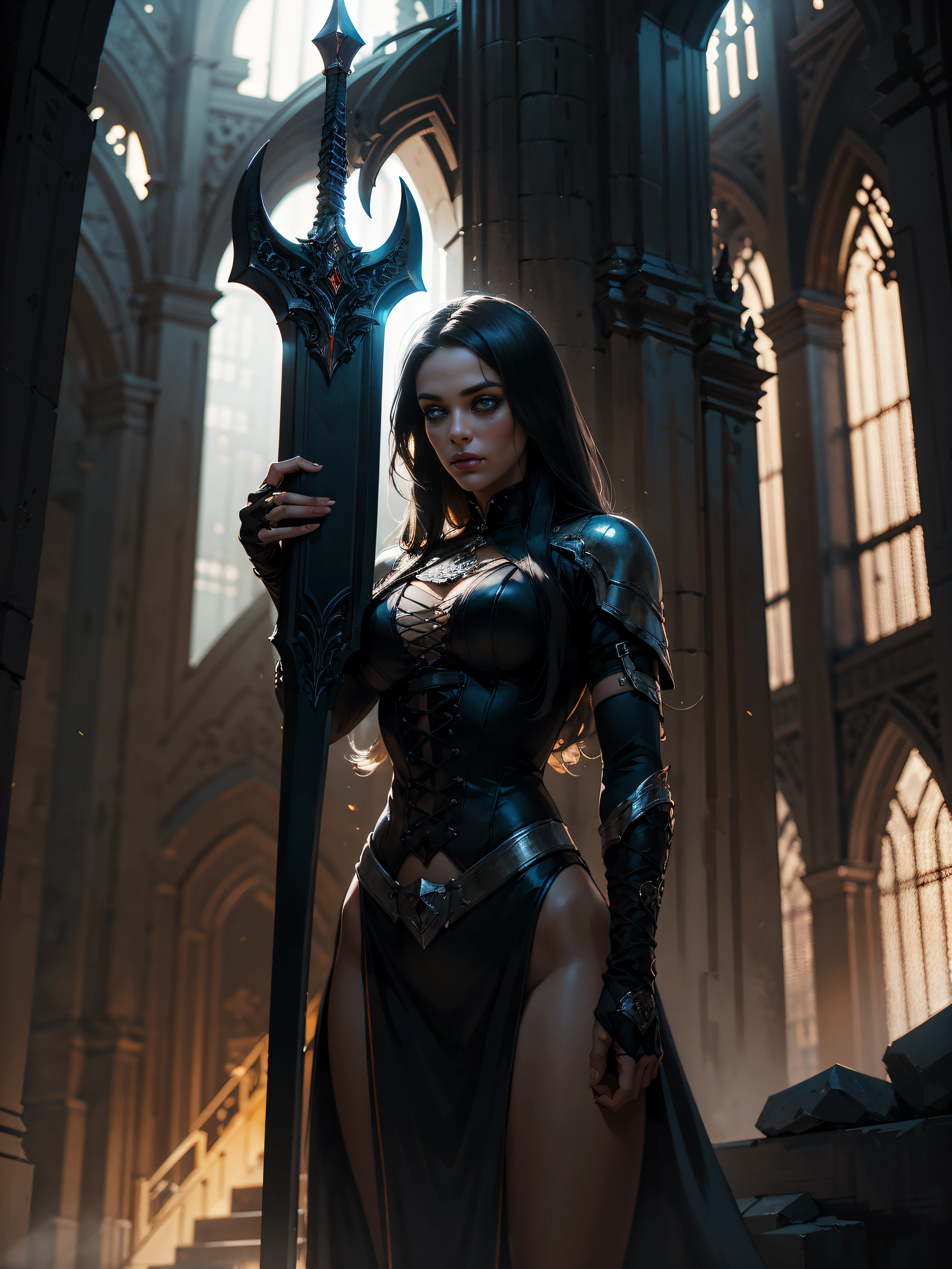 portraite of a, 25-year-old girl holding flaming sword, Standing in a fighting posture leaning on a sword, Picture from below [ thigh gap [ camel toe :  ] : 0.4], dark fantasy style art, dark fantasy mixed with realism, gothic fantasy art, Rich, Deep Colours, (intricate details:0.9), (HDR, hyper-detailing:1.2), (natural skin textures, hyper realisitc, soft light, Sharp),