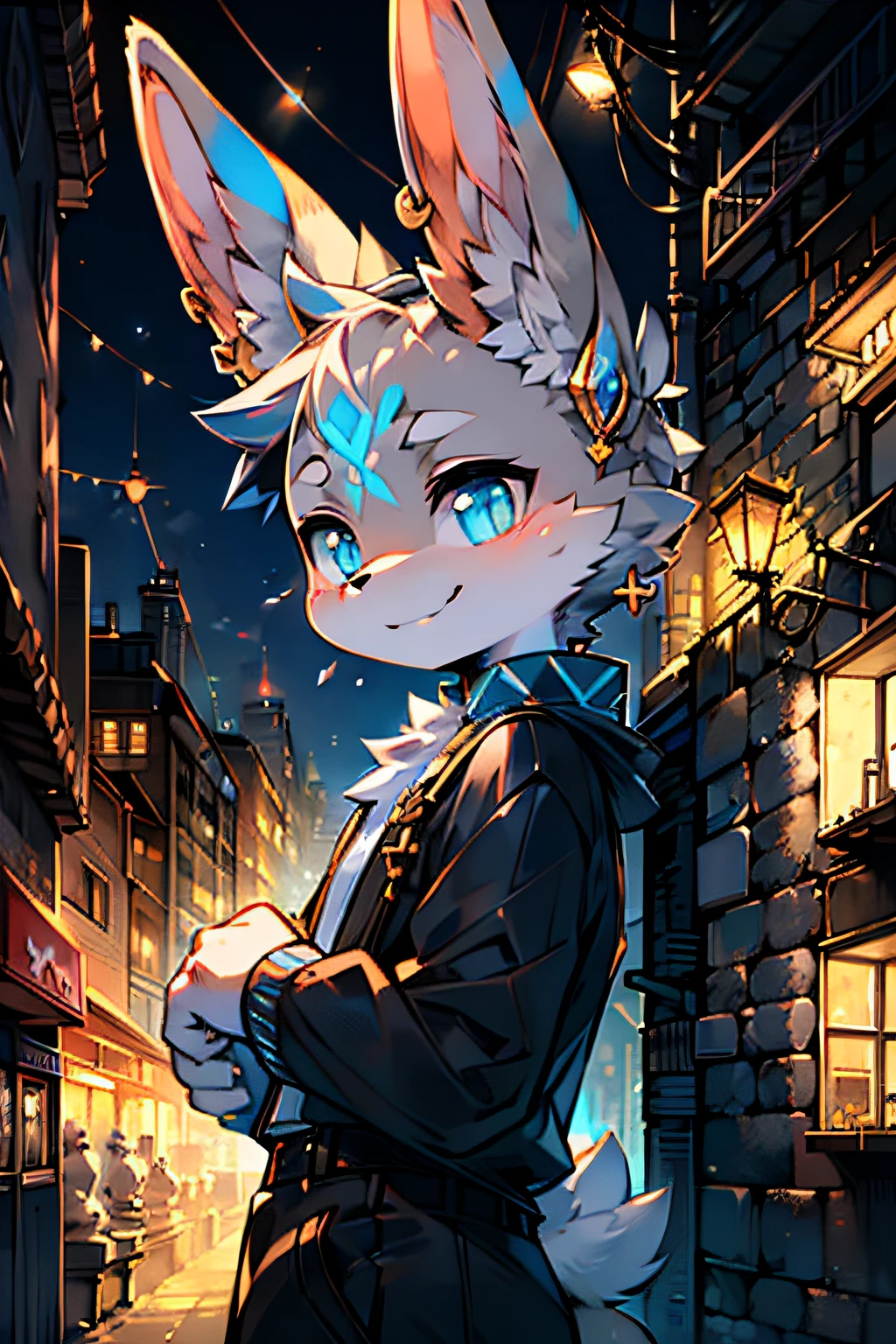 (best quality,4K:1.2),a gray rabbit leaning against a wall, with a cunning smile and blue eyes, two long ears, the right ear adorned with a silver round earring. The rabbit is situated in a vibrant city at night, where lively lights create a relaxed atmosphere. The city is bustling and colorful, with an illustration style. The overall appearance is primitive.