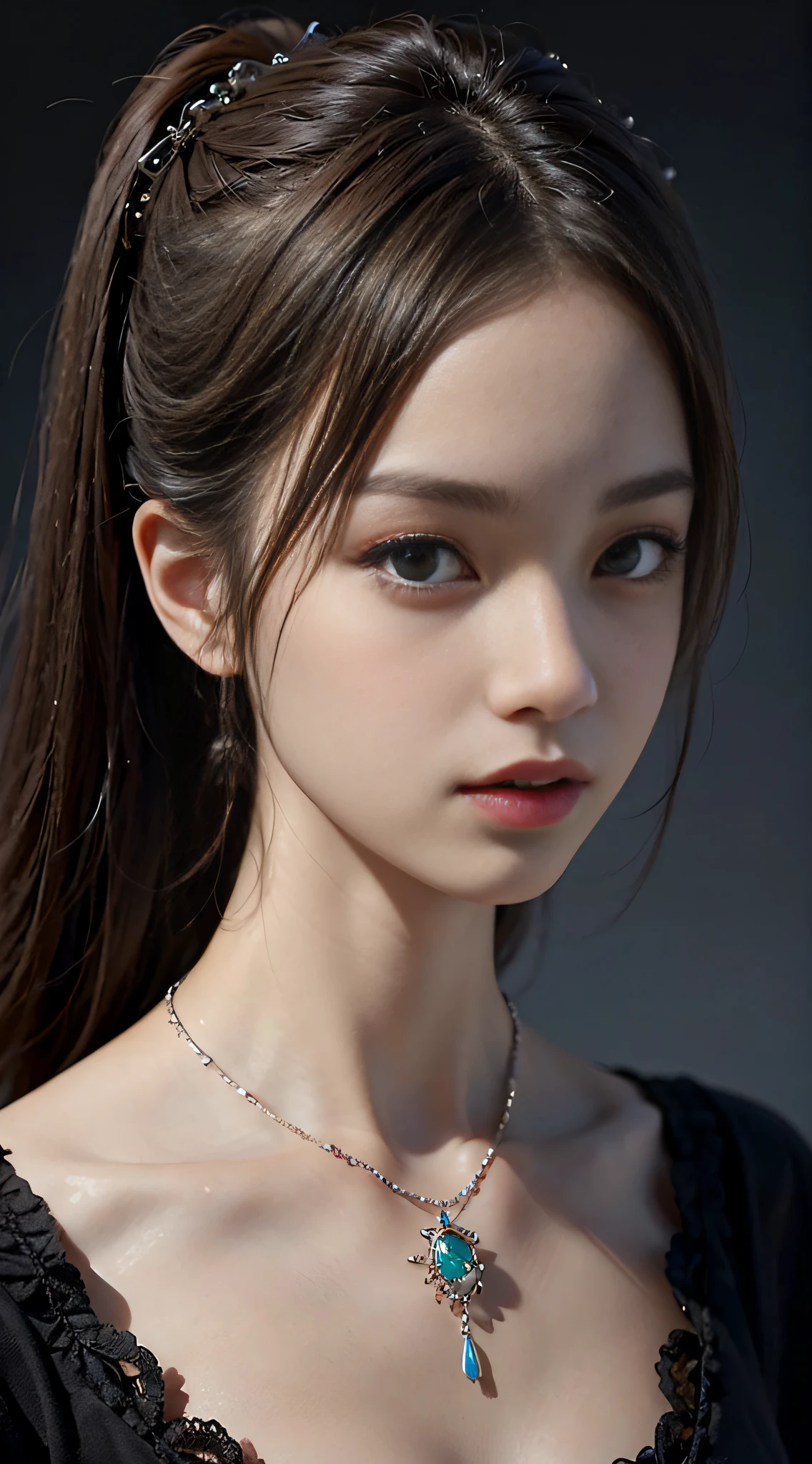 ((​masterpiece:1.4)、(top-quality:1.4)、(reallistic:1.7))、masuter piece:1.4、Portrait photo of a girl、Close-up photos、Upper body photography、beautiful countenance、defiance、dark backgrounds、Narrow waist、poneyTail、Raw photo、red-lips、a choker、a necklace、耳Nipple Ring、1 screen display、