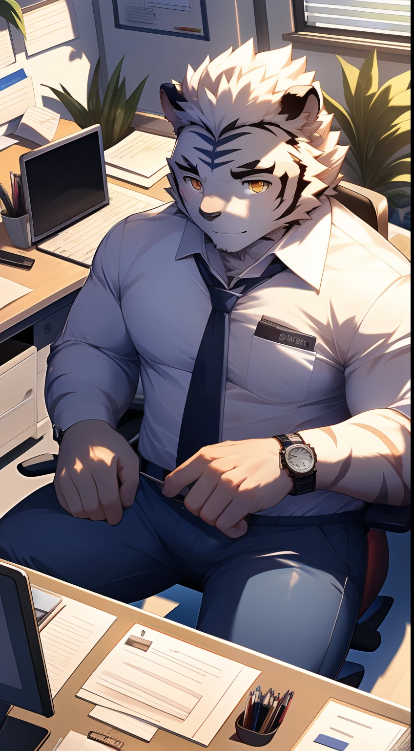 tmasterpiece, high-definition photograph, Perfect anatomy, Anthropomorphic white tiger, male people, 20yr old, Deities, Light blue stripes, Strong body, large pecs, Pink milk clusters, medium bulge,(Shirtless:1.5), He sat on the couch, Wear white skinny suit pants, Shirtless, (In the office:1.5), Mysterious Expression, Be red in the face, Golden pupils, Look ahead, Expensive watch, Clear facial features, Strong, Solo, Office desk, Greenery, papers, Computer, Office supplies, Leather sofa, tack sharp focus,volume fog,8K UHD,Digital SLR,high qulity,(filmgrain:1.4),Fujifilm XT3,first-person view,