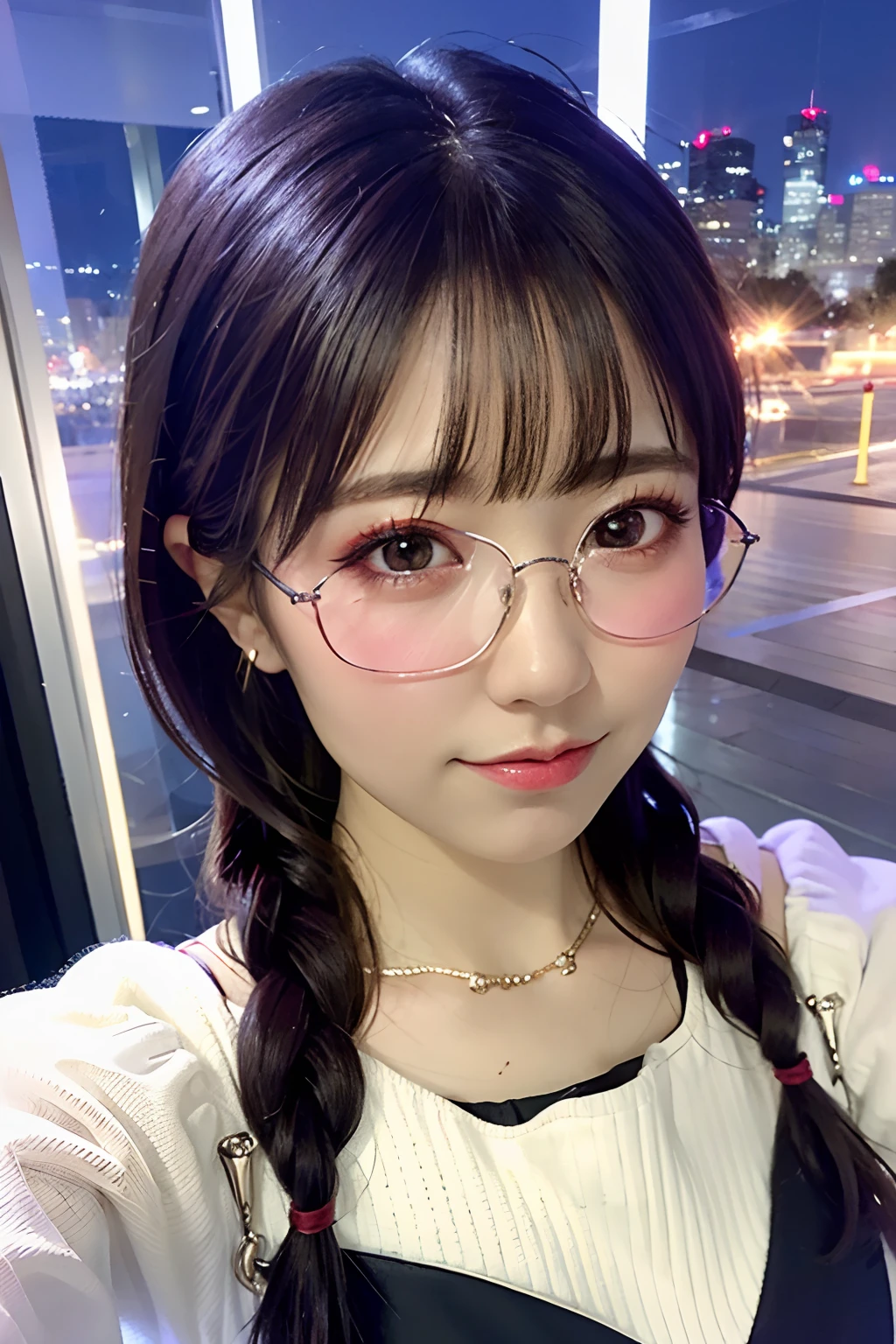 (8K、RAW photography、top-quality、tmasterpiece:1.2)、(hentail realism、Photorealsitic:1.37)、ultra - detailed、超A high resolution、1 rapariga、see the beholder、beautifull detailed face、A smile、shrinks、(Slim waist) :1.3)、white summer clothes、beautiful detailed skin、Skin texture、Floating hair、Braided hair、Professional lighting、Downtown at night、((black square glasses )) 、full bodyesbian、Brown hair,(False eyelashes、eyeshadows、eye liner、mascara)