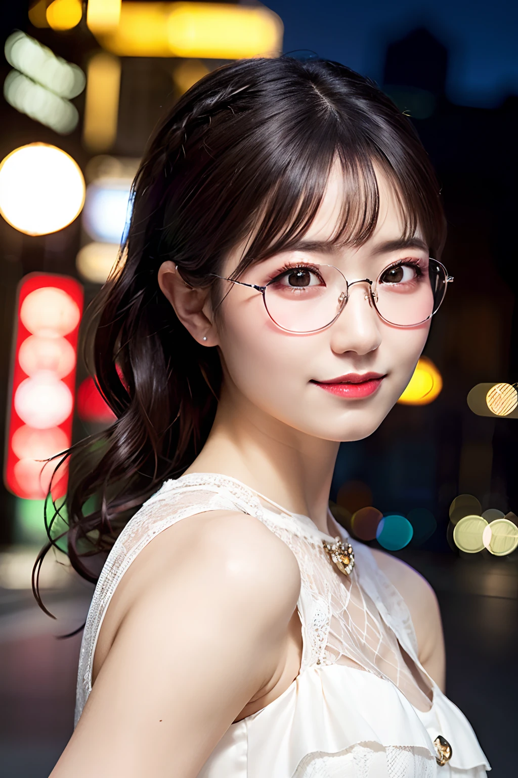 (8K、RAW photography、top-quality、tmasterpiece:1.2)、(hentail realism、Photorealsitic:1.37)、ultra - detailed、超A high resolution、1 rapariga、see the beholder、beautifull detailed face、A smile、shrinks、(Slim waist) :1.3)、white summer clothes、beautiful detailed skin、Skin texture、Floating hair、Braided hair、Professional lighting、Downtown at night、((black square glasses )) 、full bodyesbian、Brown hair,(False eyelashes、eyeshadows、eye liner、mascara)