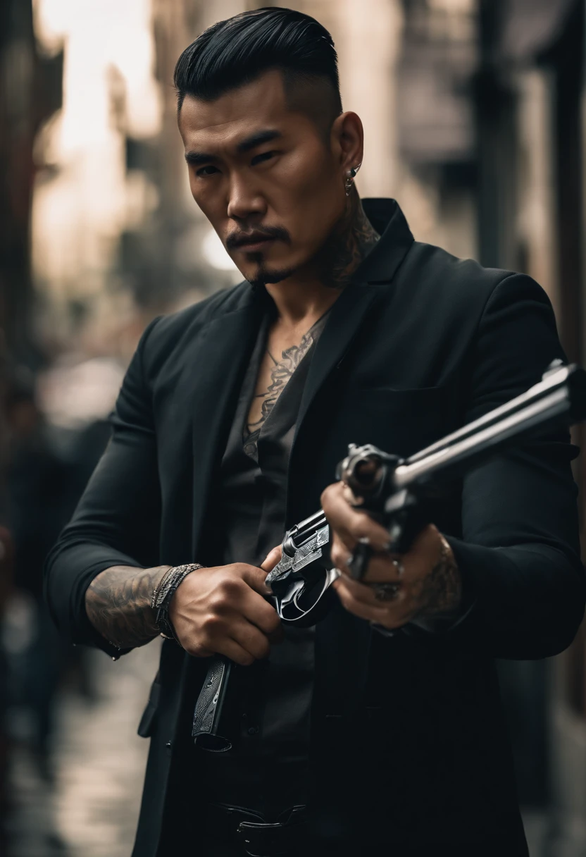 (Best quality,4K,8K,A high resolution,Masterpiece:1.2),Ultra-detailed,Realistic:1.37,Asian gangsters on the streets of the city,Tattooed,Shirtless,holding a pistol,Hyper-realistic,sportrait,Contrasting colors,Studio lighting