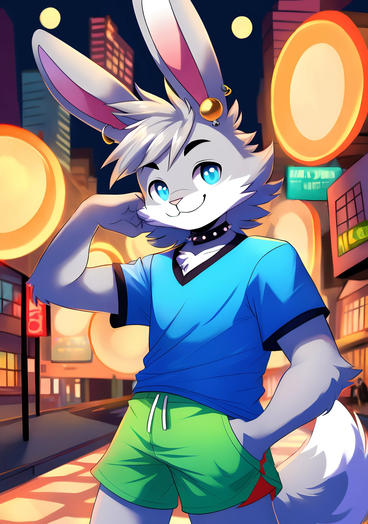 ((Masterpiece)), ((Best quality)), illustration, Furry, edgBunny,Gray fur , Animal ears , Long ears，bodyfur , Libido boy , sapphire blue eyes , Smile , ruffian , hooligan , The room and the city,  screen light,  choker necklace , Right earring , ((Silver-toned stud earrings , round form)), Shirts and shorts ,  Fluffy anthropomorphic rabbit, Fluffy rabbit nose, ((pale gray fur))