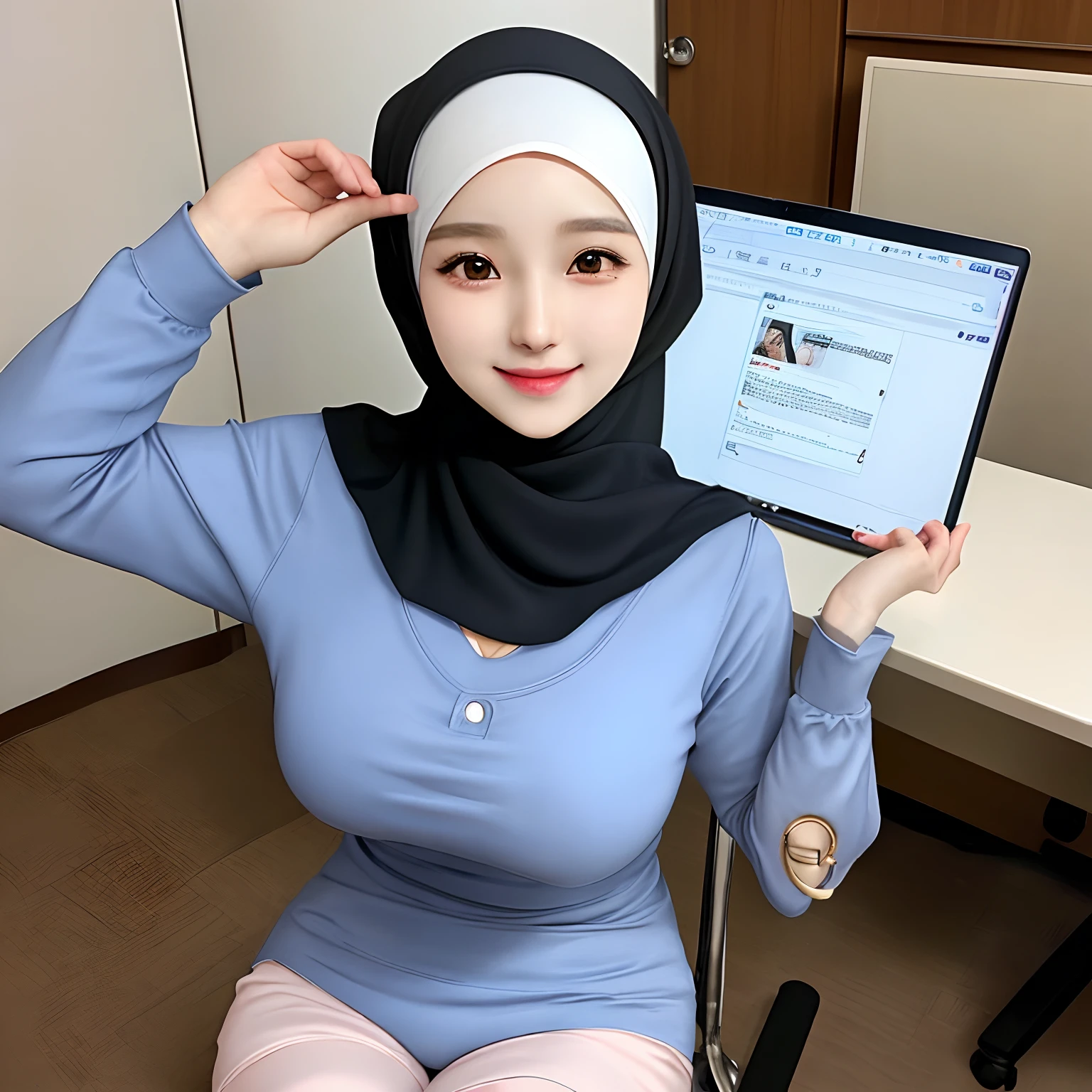 Hijab,realistic girl,kpop idol,1girl,korean girl,sexy,beautiful,he tall,super big breast,(P cup),happy and smile very detailed face,t-shirt,hijab,and long tight mini short pants outfit,in my office,table,chair,computer,earphone,handphone,hijab girl is secretary,standing,use earphone in hijab,His hands hold document my office