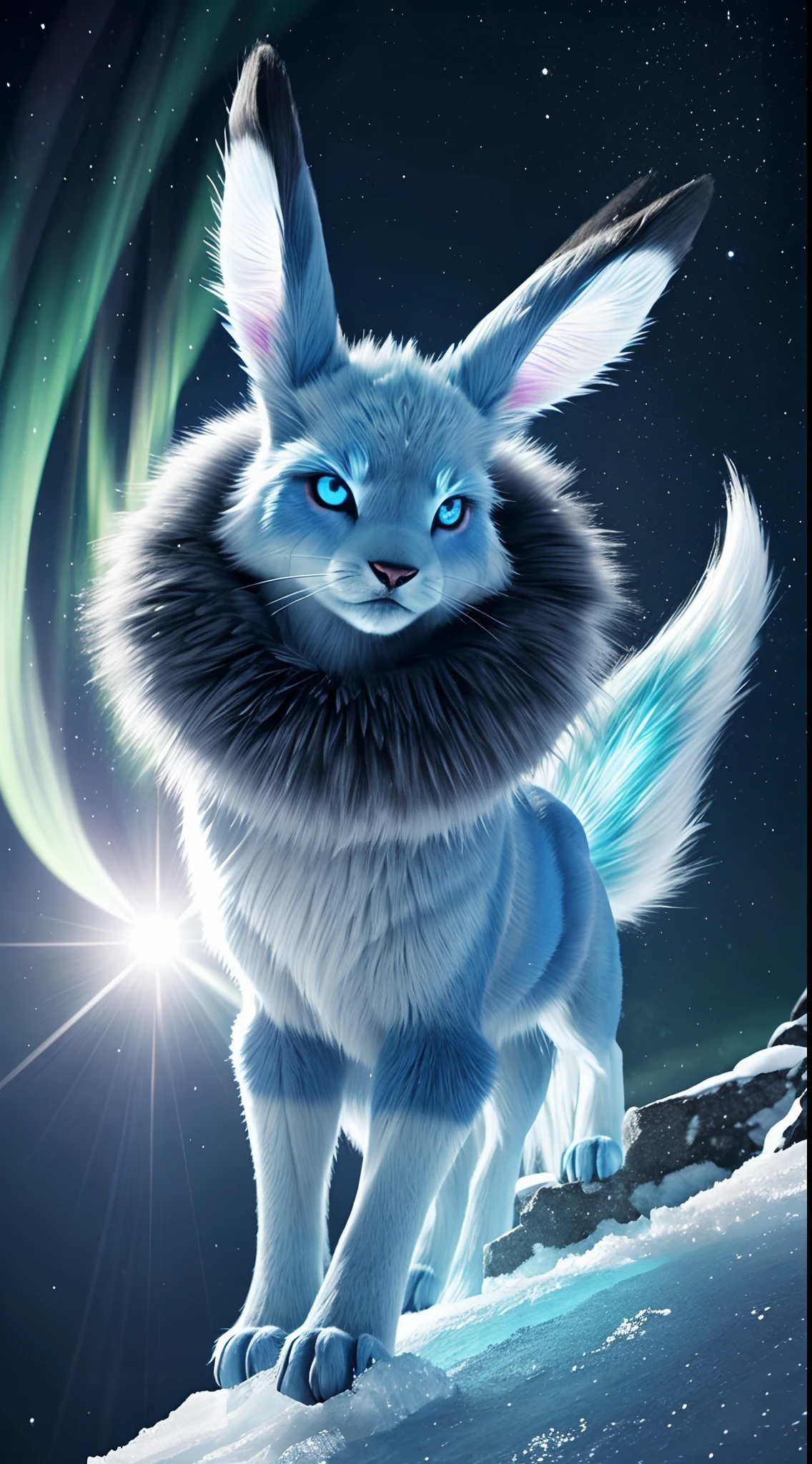 masterpiece, best quality, HD, ultra-detailed, vivid colors, Pokemon Glaceon, furry, humanoid, anthropomorphic, on 2 legs, beautiful detailed eyes, frozen environment, icy blue color palette, ((crystal-like skin with fur)), long fluffy tail and ears, beautiful bangs of hair, curly strands of hair, short hair, ice cloth with mantle, fur coat, fur collar, snowflakes floating around, powerful ice powers, subtle light blue lighting, dramatic pose, on a snowy mountain peak, aurora borealis in the sky, magical atmosphere