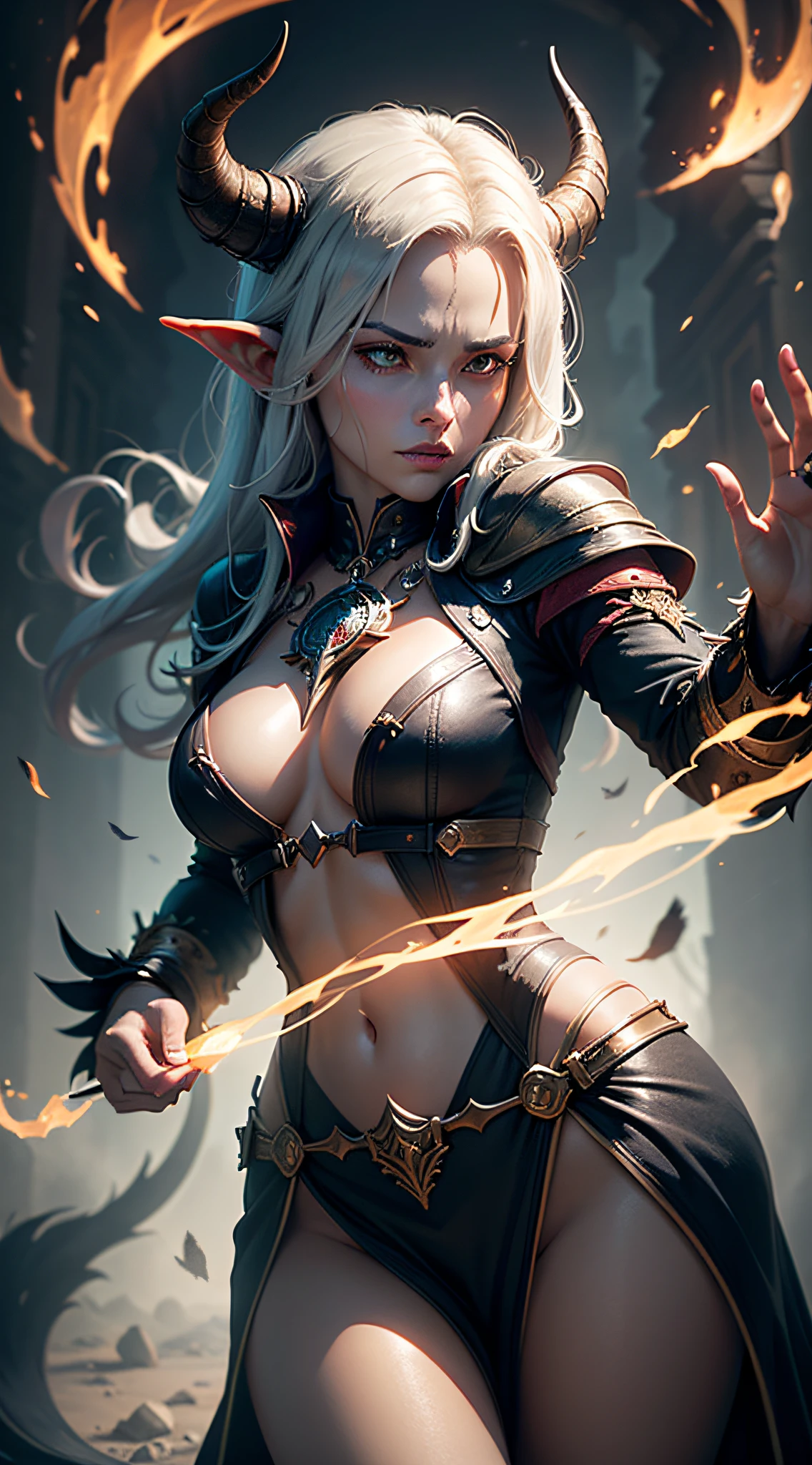 "Warlock Tiefling casting a spell in a breathtaking masterpiece with 8k UHD resolution. The image is highly detailed, showcasing the intricate and majestic nature of the scene. The depiction is of the highest quality, capturing every aspect with precision and clarity. The spell being cast by the Warlock Tiefling emits a mesmerizing aura, illuminating the surroundings with its magical brilliance. The intricate details of the Tiefling's horns, tail, and other demonic features are meticulously captured, showcasing their otherworldly essence. The composition of the image is carefully crafted, with the Warlock Tiefling positioned in a dynamic pose, commanding the attention of the viewer. The backdrop of the scene is richly textured, blending ancient runes and mystical symbols that evoke a sense of mystery and power. The colors used in the image are vibrant and captivating, enhancing the magical ambiance of the spell being cast. The lighting in the scene is carefully designed to accentuate the Warlock Tiefling's presence, casting dramatic shadows and highlighting the details with exquisite precision. This prompt promises a truly immersive and visually stunning representation of a Warlock Tiefling casting a spell, sure to captivate and inspire the imagination."