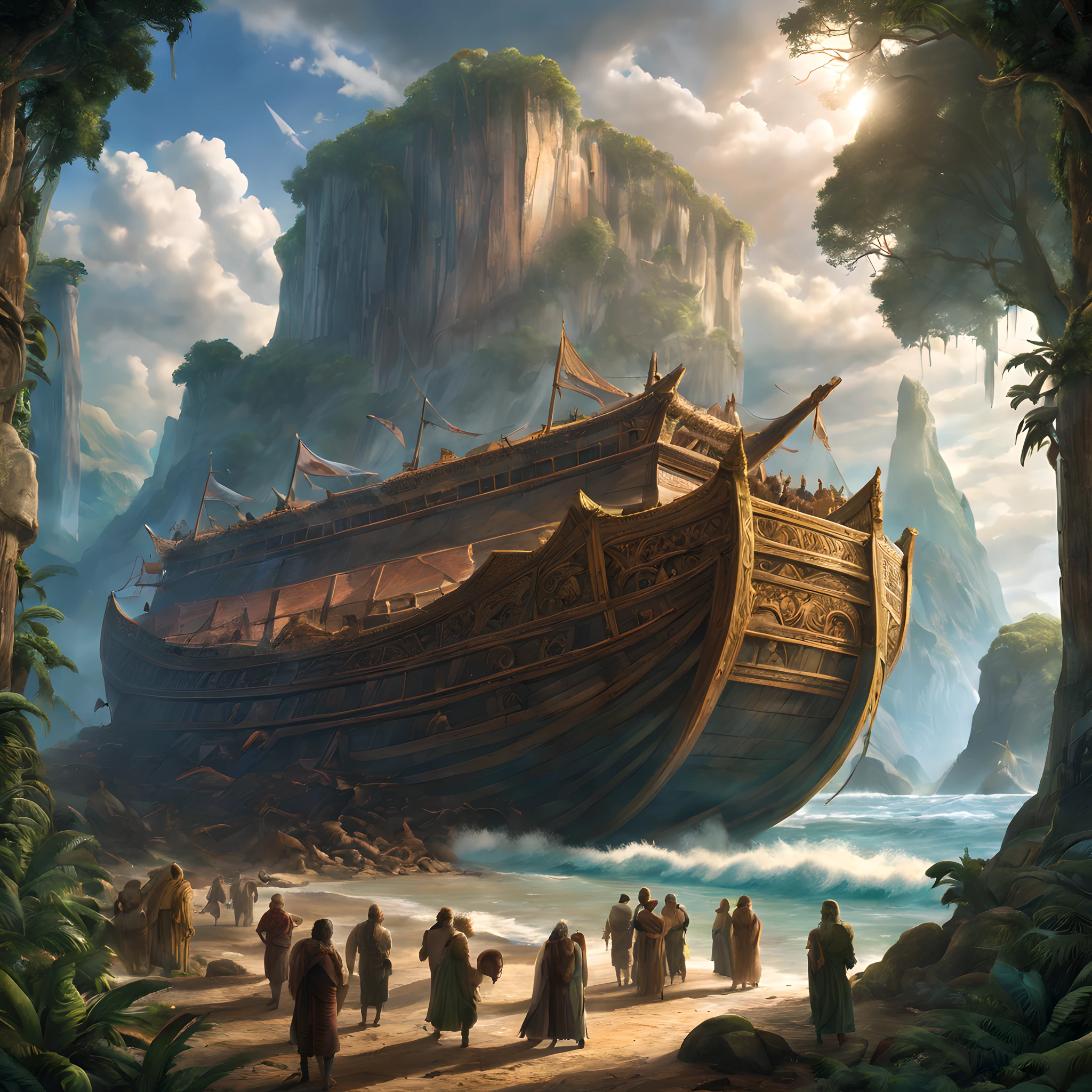 Composition: Craft an awe-inspiring and mythological scene set on an ancient island in the midst of a turbulent time. The focal point of the image should be the grand Noah's Ark, prominently positioned in the foreground. The composition should emphasize the ark's magnificence, adorned with intricate details that blend seamlessly with the mythological landscape. The image should evoke a sense of wonder, hope, and urgency as the world teeters on the brink of collapse.

Noah's Ark: Noah's Ark should be depicted as a wondrous marvel, seamlessly integrated into the mythological setting. It should feature ornate carvings, ancient symbols, and mythical adornments. The Ark's colossal size should dominate the frame, ensuring it appears as a sanctuary capable of withstanding the impending cataclysm.

Background: The island in the mythological era should be filled with lush, ancient landscapes and towering cliffs. The sky above should be awash with dramatic colors, hinting at the impending catastrophe. A sense of urgency and desperation should permeate the scene as various mythological creatures and species, each with its unique features, embark on the Ark. This scene should symbolize the world's last hope for salvation as it faces imminent collapse. The image should be high-resolution, capturing the intricate details of the Ark, the mythological island, and the creatures aboard in vivid clarity.