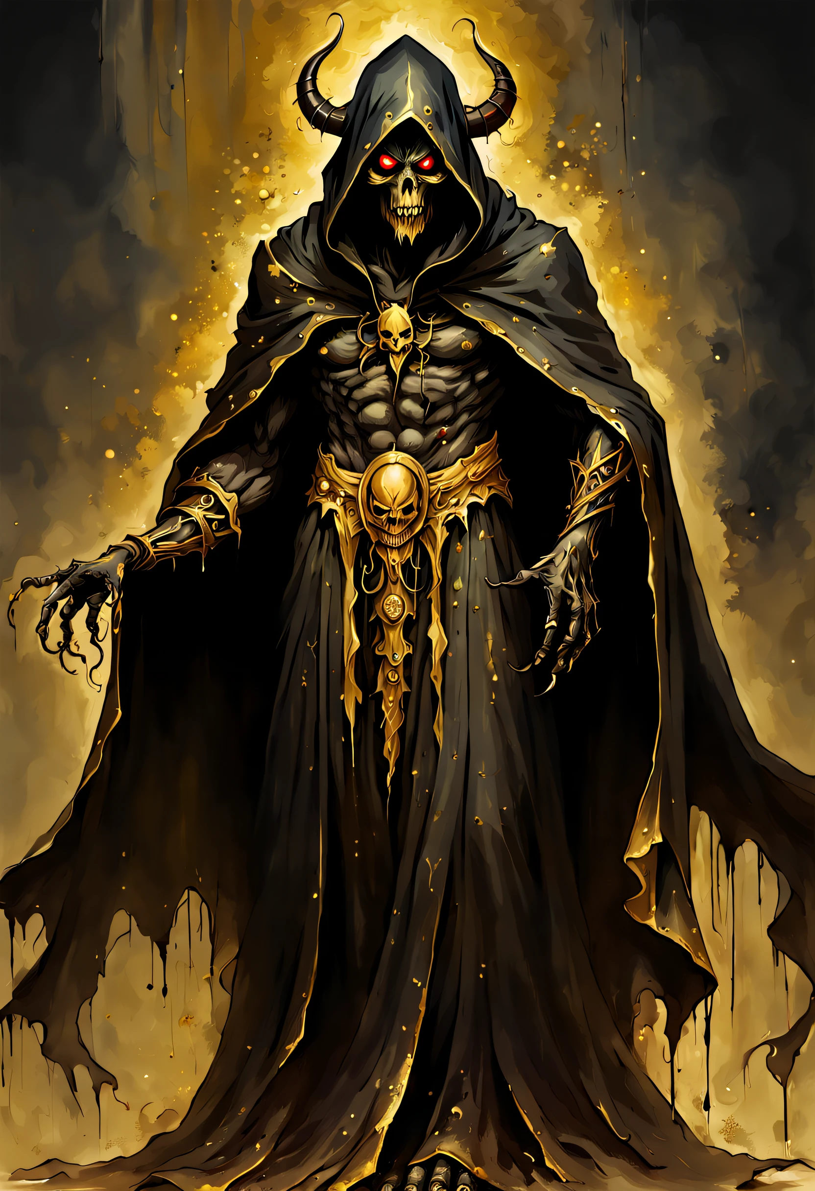 painting of dark ghost demon covered in gold, cloak, old and worn, simple background, masterpiece, detailed, high quality,