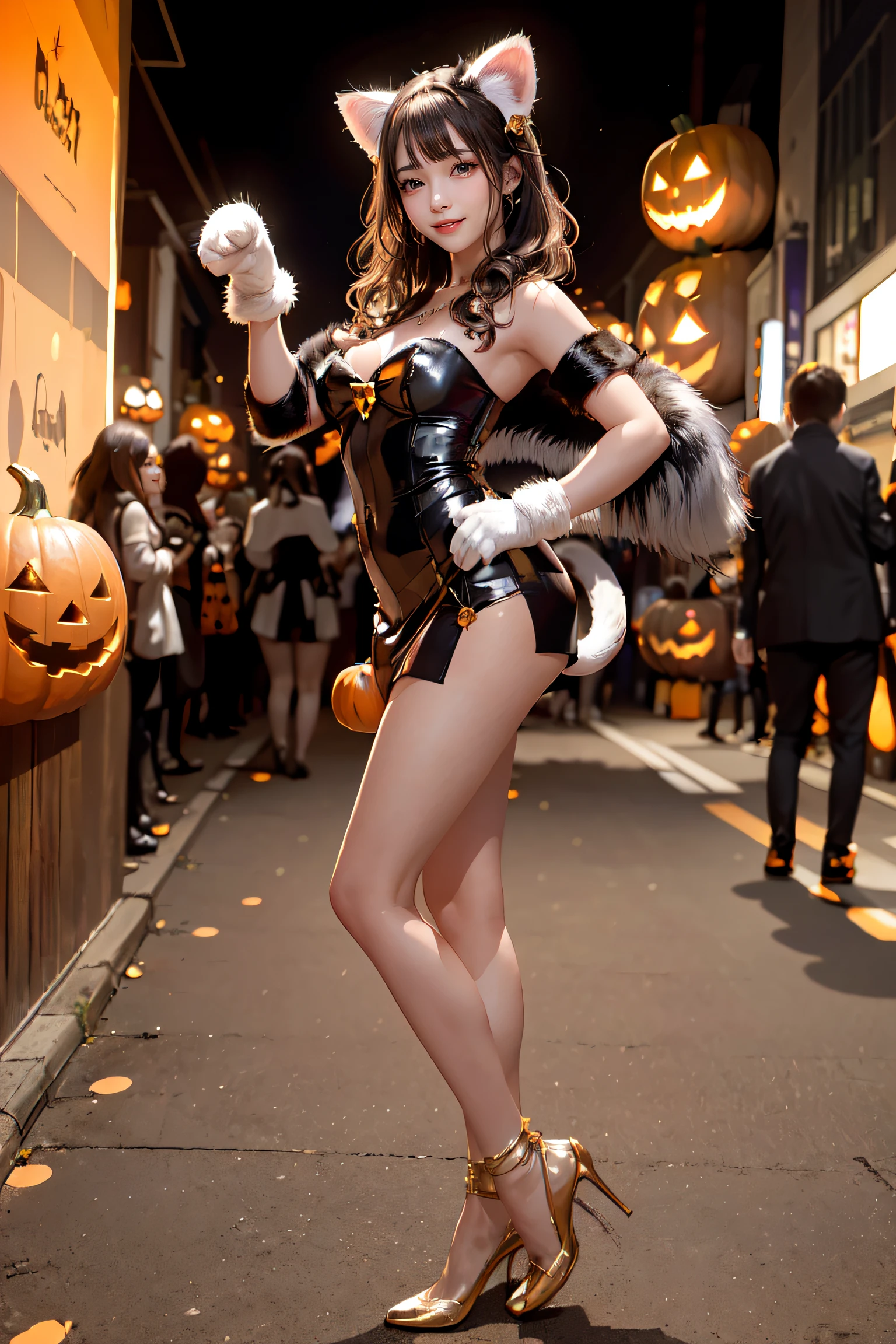 masterpiece, top-quality, top-quality, Beautifully Aesthetic:1.2, 1girl, Halloween party night, ((Wearing a high-quality Sexy cat costume of fur, gloves of cat, cat paw-shaped shoes, shiny slit miniskirt):1.2), high detailed, (Standing leaning against the wall with paw pose:1.3), (large breasts:1.2), (firm breast, nicely shaped breasts), slender figure, 
((Dark Brown Hair)), wavy hair, ((medium hair:1.2)), 
((in A modern street of decorated for Halloween in Shibuya at late night:1.2)), (Upper body shot:1.1), (From side:1.2), (Focus on face:1.1), ((looking at viewer:1.2)),
