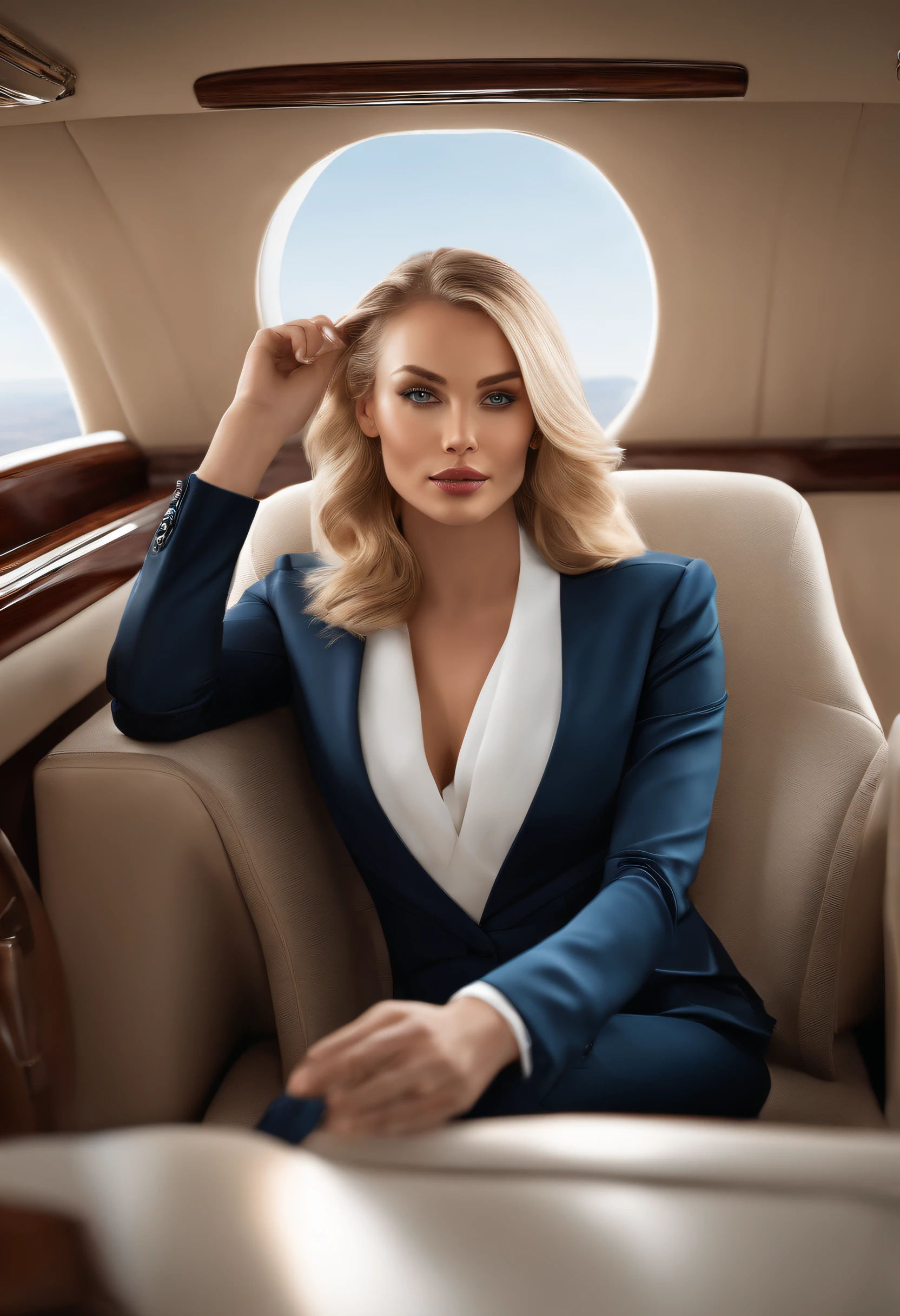 Blonde woman with blue eyes, dressed in a tailored business suit, is captured aboard a private jet. The leather seats and champagne in the background hint at opulence. This digital painting, inspired by Károly Lotz's style, is a sensation on CG Society. The 8k portrait render captures the essence of luxury travel, blending photorealism with a touch of sophistication. Her poised demeanor and the detailed beauty portrait showcase the realistic artstyle.