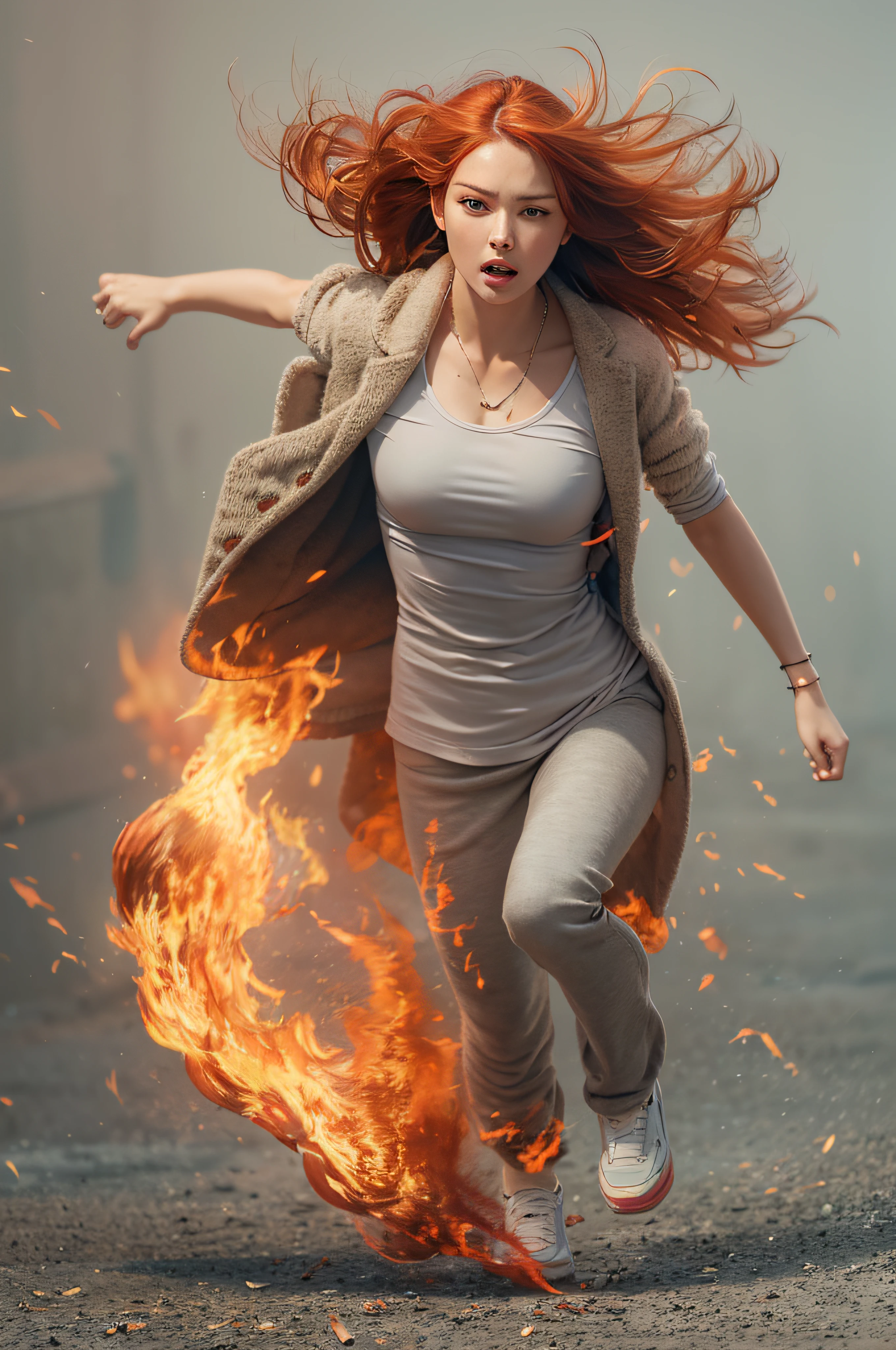 A full body of a running Beautiful red-haired woman is completely on fire from the inside out, from top to bottom. body and clothes on fire. 8K, realistic photo, masterpiece 8K, realistic photo, masterpiece