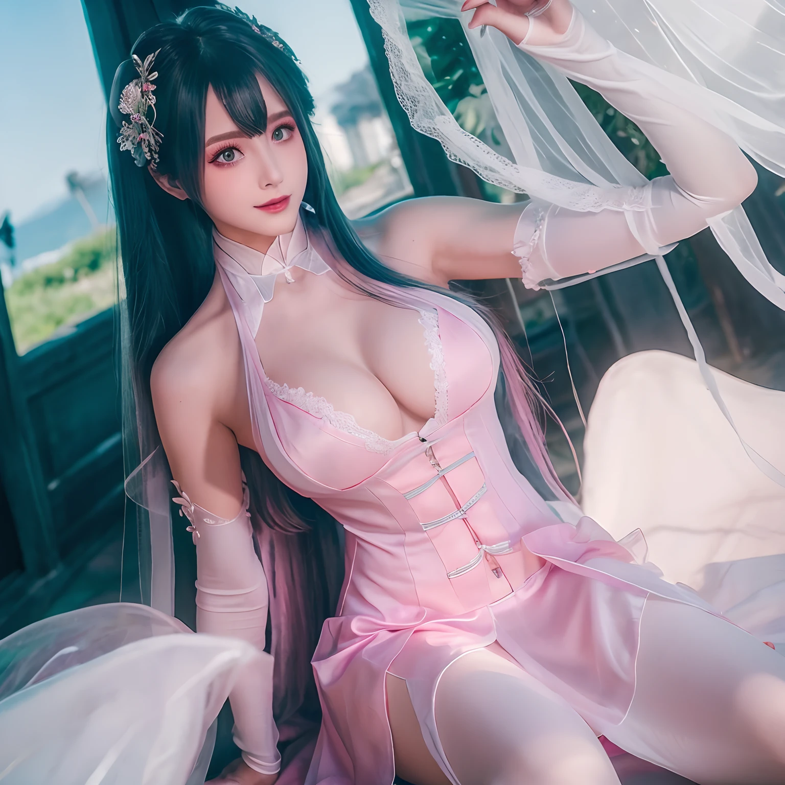 Beautiful woman in transparent period costume，Short dress，goddes，Pink basket color long hair，Peerless looks，perfect bodies，high and cold，Raised sexy，Fairy under fan，Cotton cloud robe，Large breasts，seductiv，Jade foot，anime big breast。full bodyesbian