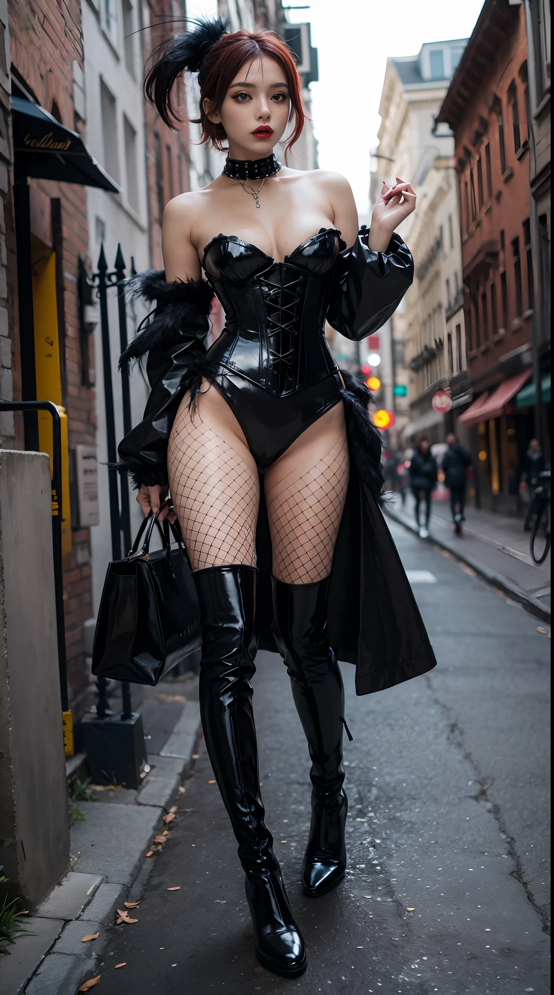 Goth Gals,She wears a studded PVC corset,red colour,There are feathers on the shoulders, kneehigh boots,(fish net leggings).