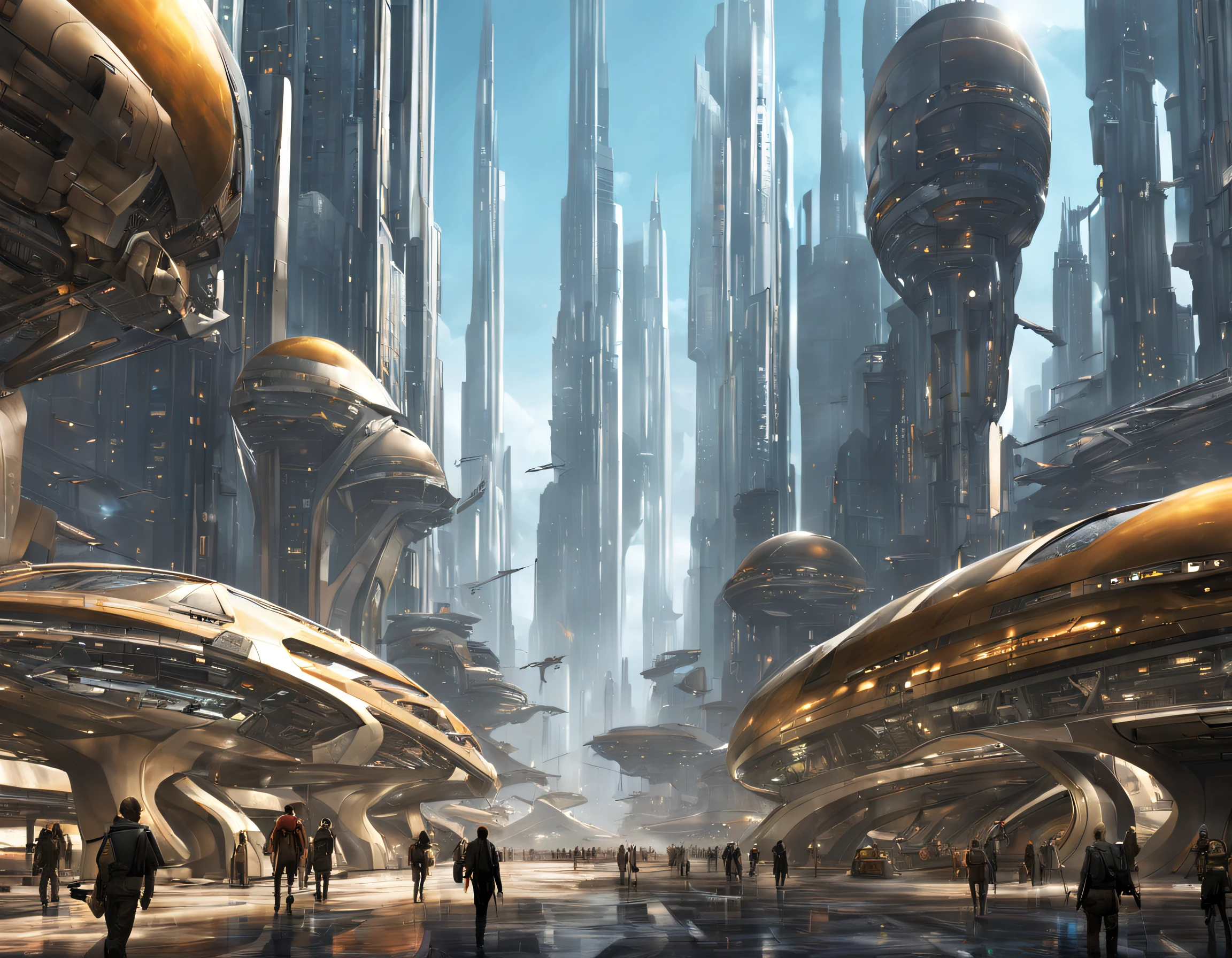 On an unknown planet there is a futuristic city with immense buildings of technological design que forman una infinita avenida, con estructuras acristaladas en plata, oro y bronce espectaculares en la que sobrevive un robot femenino espectacular. con colores vivos. pavimento ensolado. gente paseando. cierto aire a coruscant.