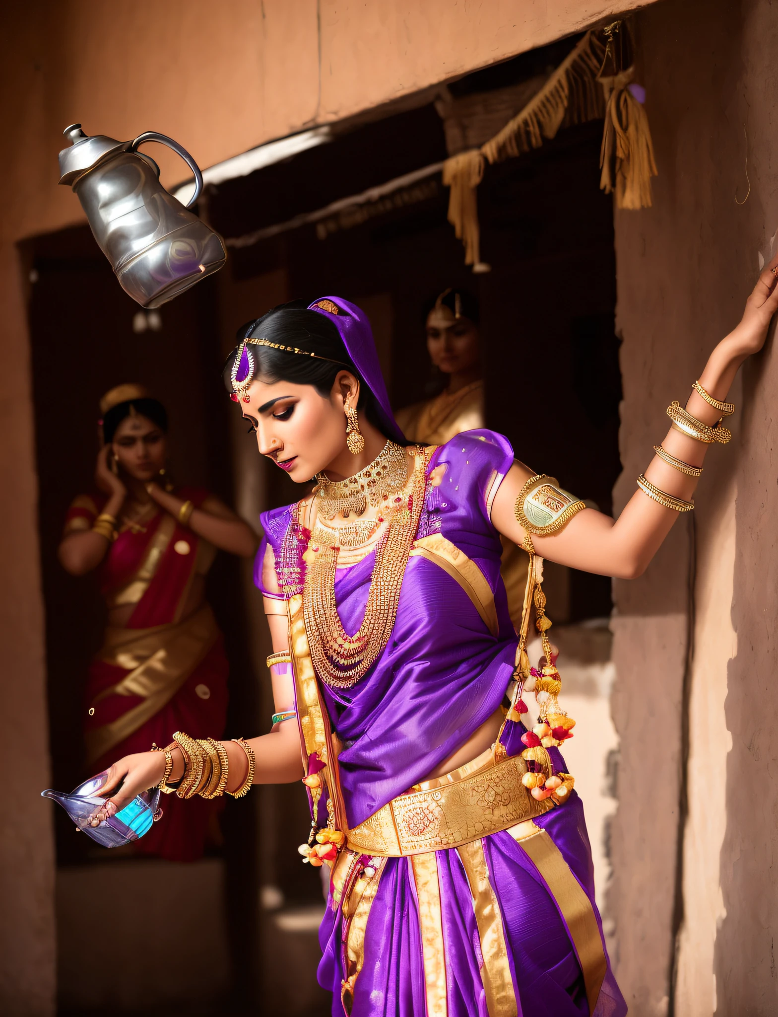araffe sexy woman in a purple sari and jewelry holding a water jug, traditional beauty, traditional photography, indian style, wearing an elegant tribal outfit, portrait shot, traditional female hairstyles, photo taken with nikon d750, photo taken with nikon d 7 5 0, candid photography, gorgeous woman, traditional clothes, traditional clothing, dressed in a sari