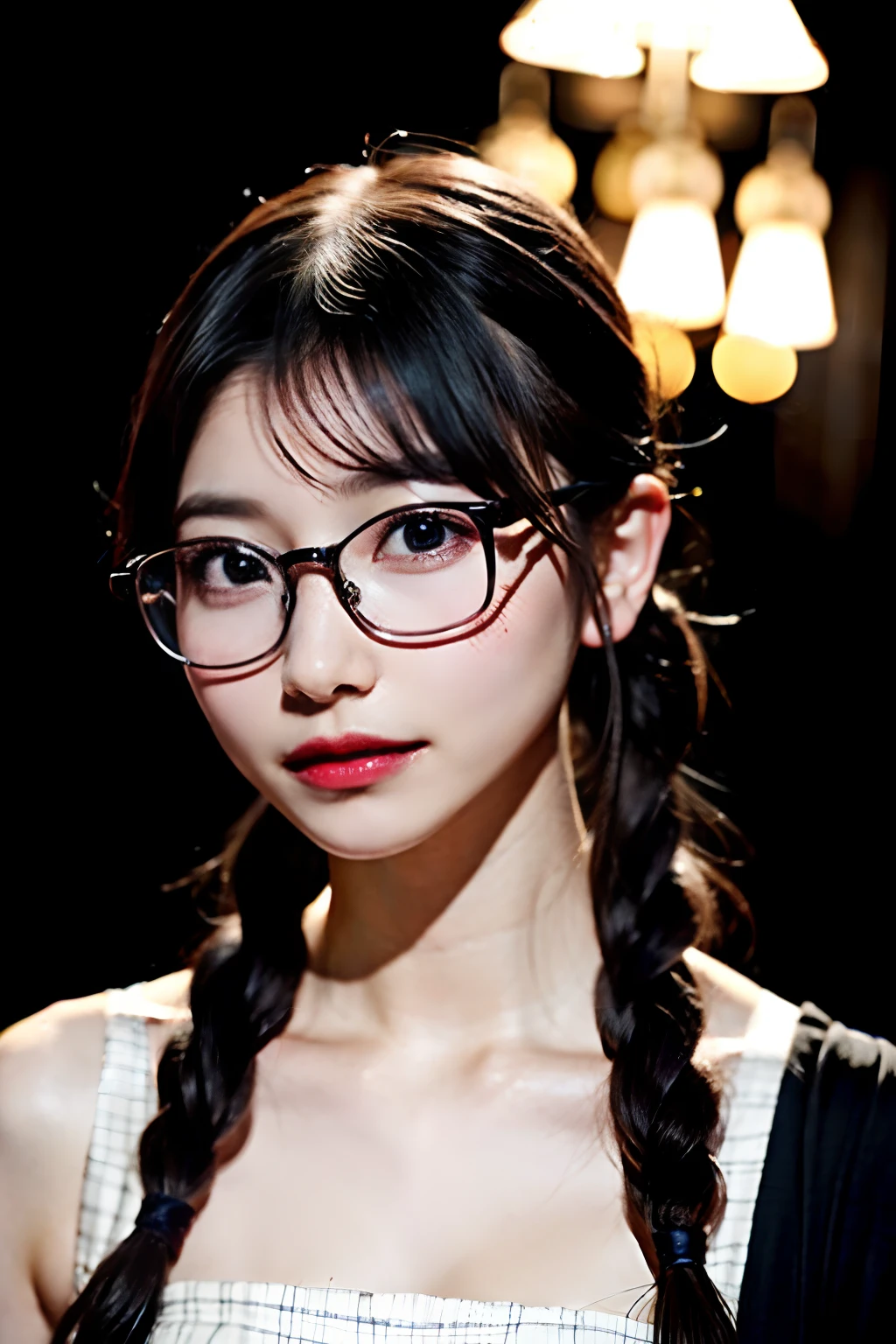 (8K、RAW photography、top-quality、tmasterpiece:1.2)、(hentail realism、Photorealsitic:1.37)、ultra - detailed、超A high resolution、1 rapariga、see the beholder、beautifull detailed face、A smile、shrinks、(Slim waist) :1.3)、white summer clothes、beautiful detailed skin、Skin texture、Floating hair、Braided hair、Professional lighting、Downtown at night、((black square glasses )) 、full bodyesbian、Brown hair,(False eyelashes、eyeshadows、eye liner、mascara)