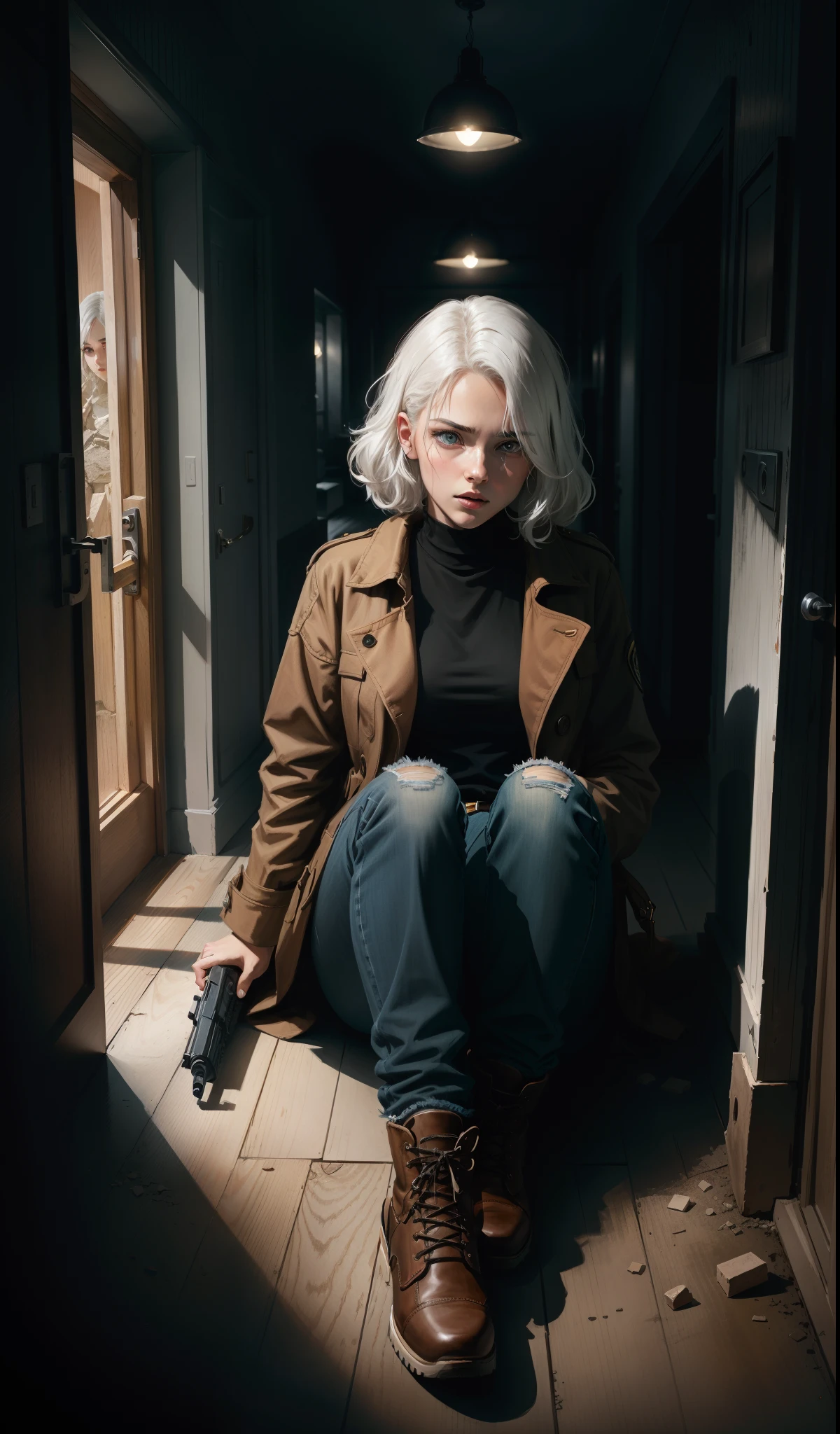 (suspense scene ((CONCEPT ART)), extremely detailed with a girl wearing jeans with brown coat and boots), (better lighting, better shadow, an extremely delicate and scary), (digital illustration), ((4k painting)), [(dynamic angle,((1girl)),white hair, (beautiful face, perfect face, scared,) expression of fear, torn clothes, a gun in hand, sitting on the floor, darkness, scary house),  [:(dark, mysterious, game paint, sinister setting, jagged corridors, big house, deadly silence):]