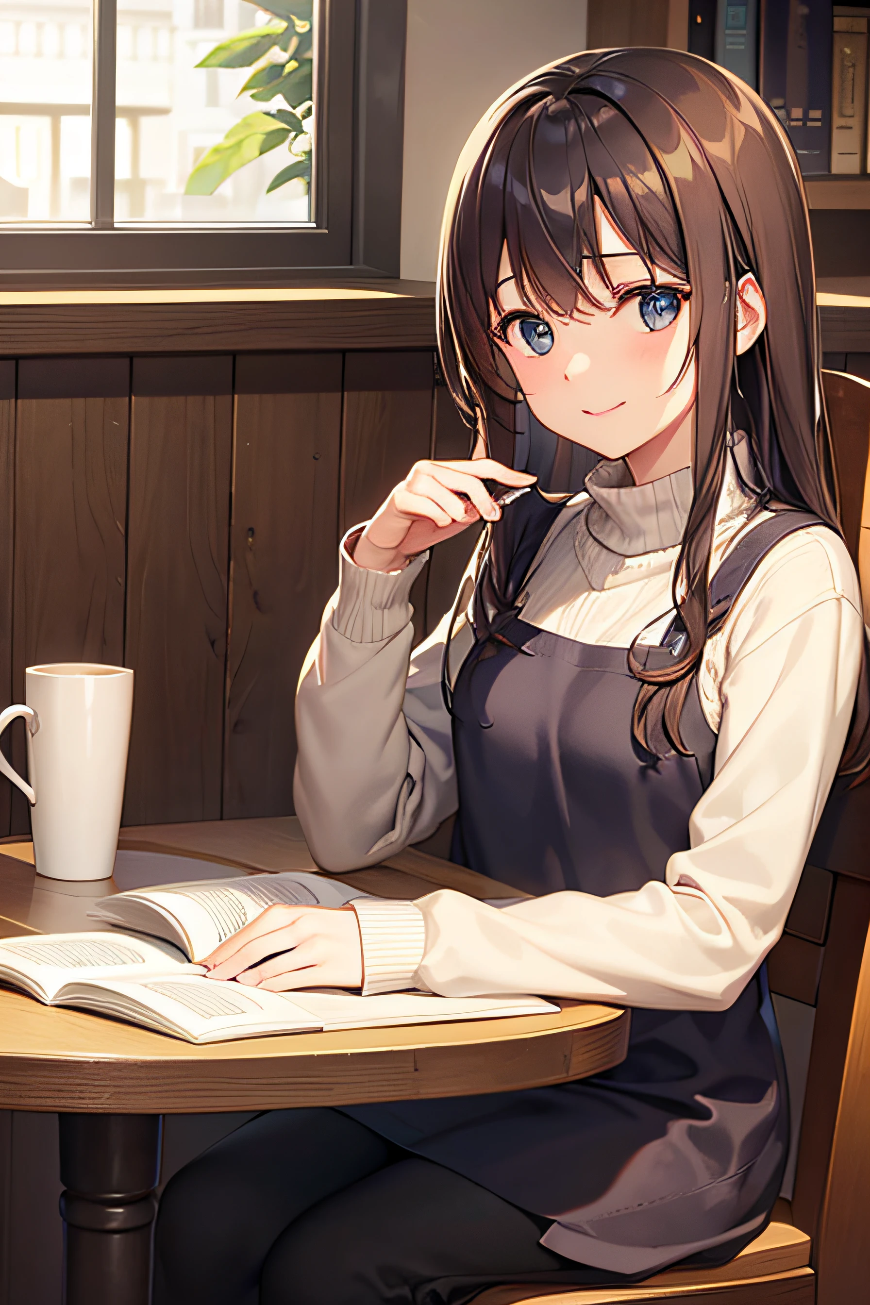 a cozy cafe scene, a thoughtful girl, a book in hand, and a latte on the table , tranquil ambiance, a young girl, engrossed in her book, gazes toward the viewer, her face illuminated by the pages and a warm smile playing on her lips. In one hand, she cradles a well-worn book, a symbol of knowledge and storytelling