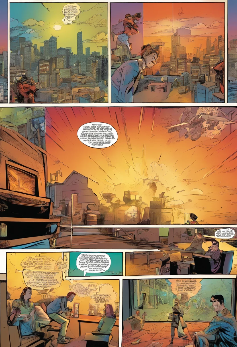 American comics, the comic story is presented in multiple irregular panels with color.a tv host, screaming at the camera, A very dynamic scene. close-up. super realistic. cinematic. light haze
