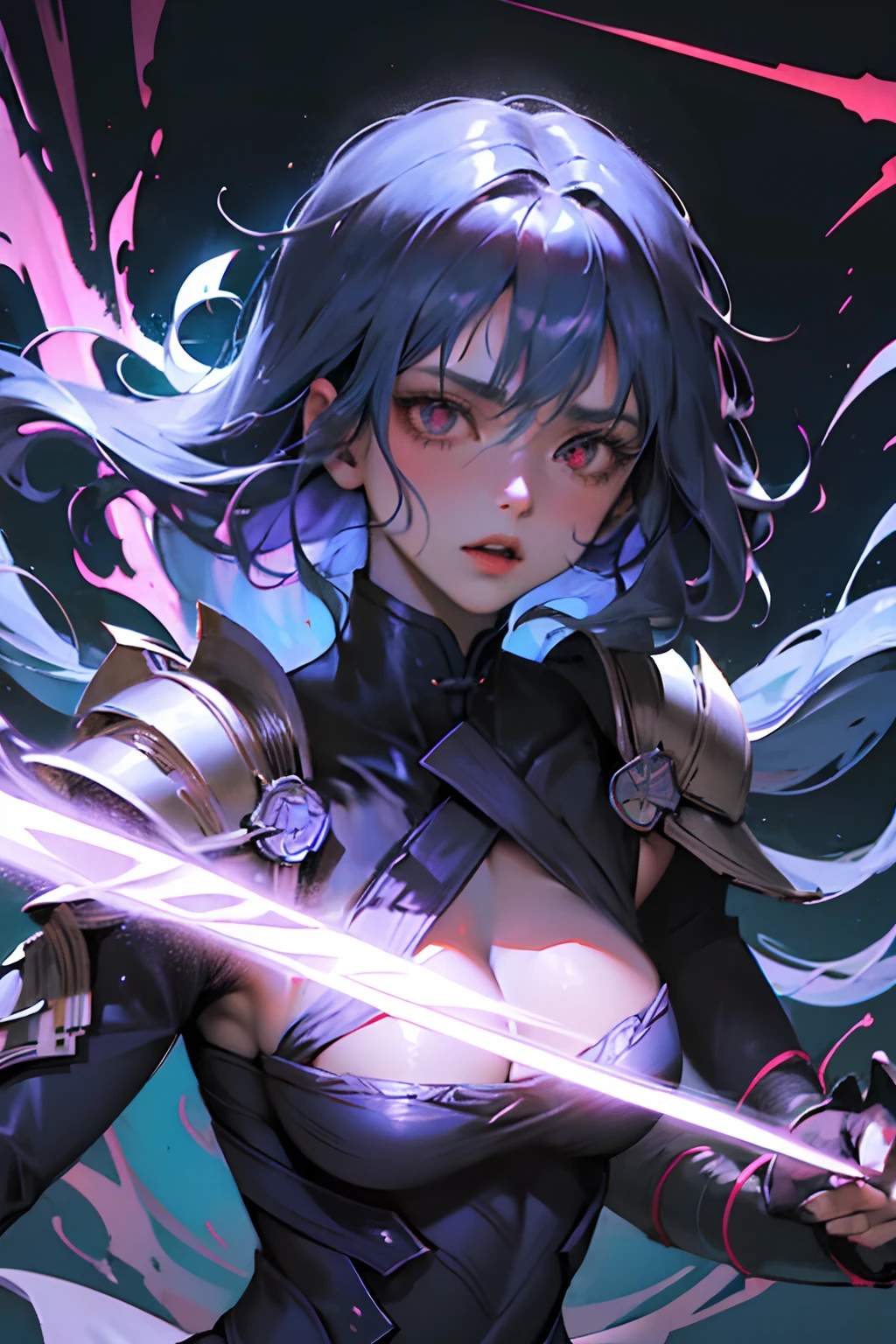 Raiden Shogun game character, a girl, against a pure purple background with a radiant glow. Emphasizing lightning, power, mystery, coldness, and confidence. Adding subtle electrical sparks or arcs to enhance the character's thunderous atmosphere. Soft foreground light to illuminate facial features. Center the character with her eyes facing the camera for a balanced, symmetrical composition. You can choose a realistic art style.
