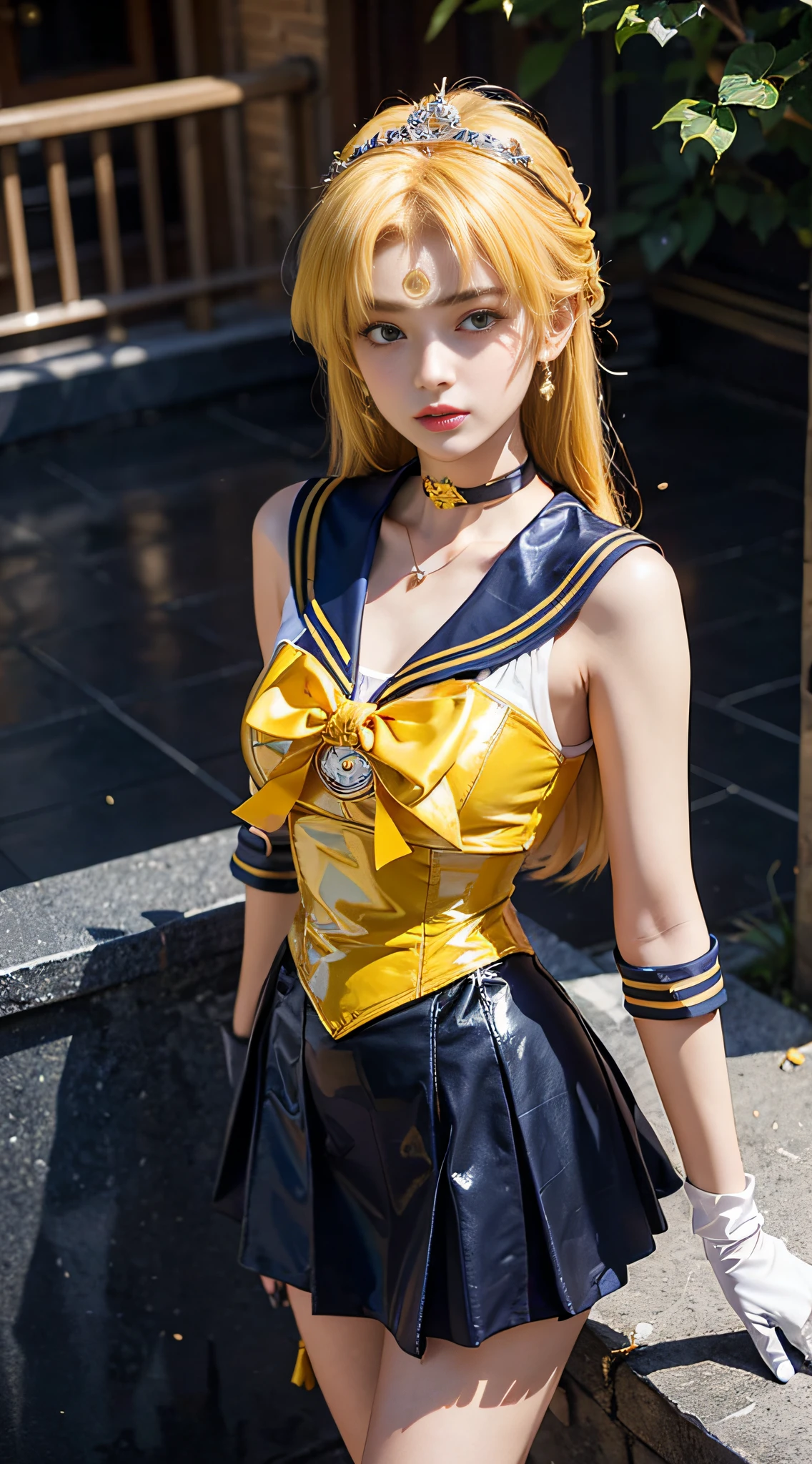 ((masterpiece:1.4)、(top-quality:1.4)、(reallistic:1.7))、masuter piece:1.4、a beauty girl、(Sailor Moon:1.4)、Tsukino Usagi、Body Fit Sexy Sailor Senshi Uniform、(latex shiny)、(The jacket is a white sleeveless sailor suit)、(Skirt is blue sexy ultra ultra mini skirt)、The collar of the sailor suit is blue with two thin lines.、high leg swimsuit、Red cloth ornament at chest、(Wearing white gloves)、Kawaii Girl、Super beauty、foco nítido、Portrait photos、Upper body photography:1.4、beautiful countenance、beautidful eyes、Narrow waist、(Yellow hair:1.4)、(length hair:1.2)、Raw photo、red-lips、Red high heels:1.4、a choker:1.4、a necklace:1.4、耳Nipple Ring:1.4、Luxurious golden tiara on forehead:1.4、1 screen display、Outdoor landscape