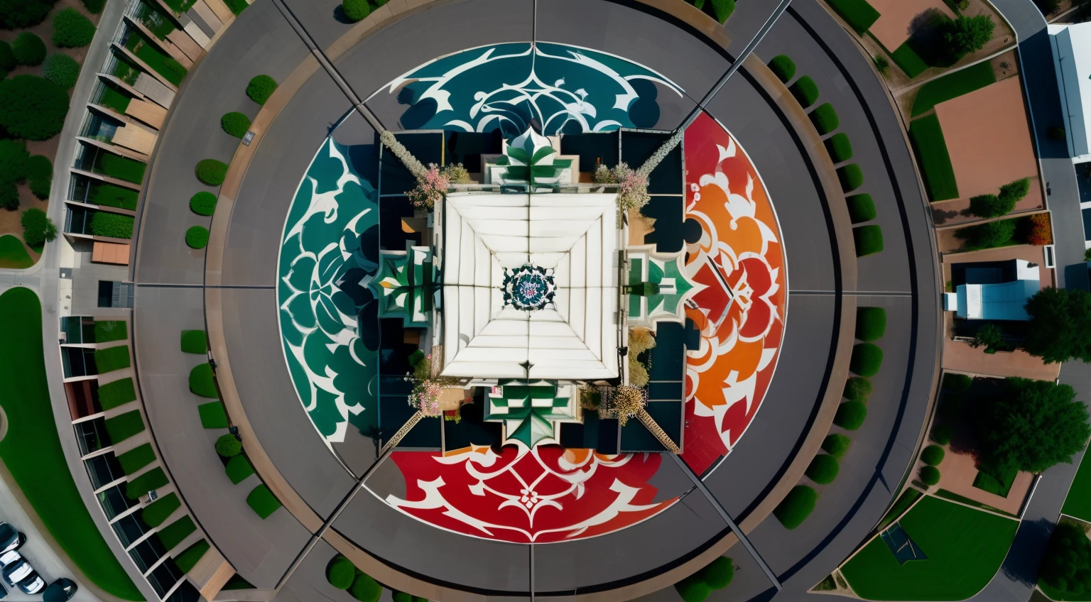 Aerial view of the square building，There is a fountain in the middle, a beautiful buddhist mandala, giant lotus mandala, color aerial photo drone, upper view, top - view, View from above, Yantra, looking from above, shot from above, photo taken from above, Top-down view, nanquan, top - down view, looking from above, top down shot