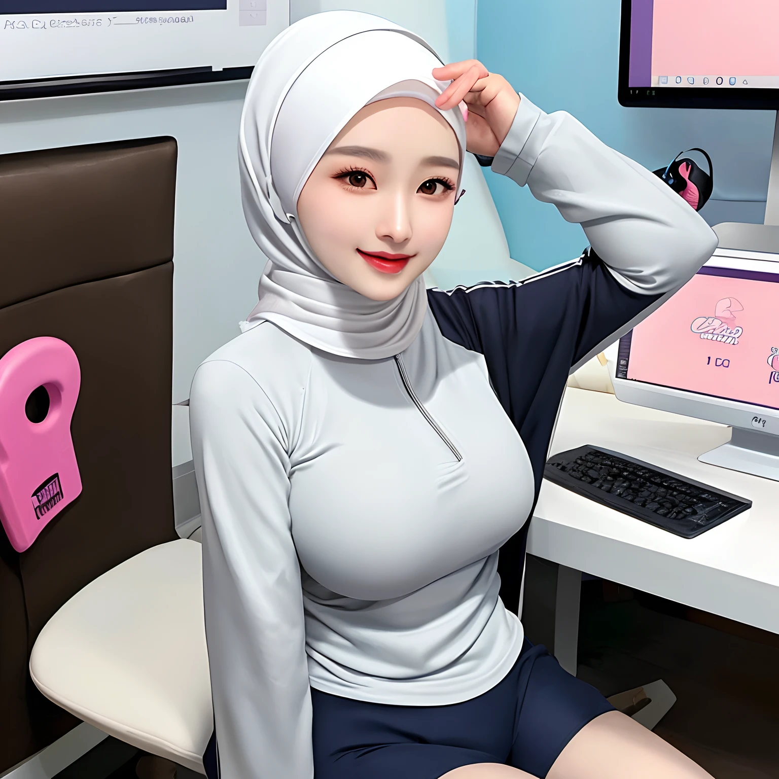 Hijab,realistic,kpop idol,1girl,korean girl,sexy,beautiful,he tall,super big breast,(P cup),happy and smile very detailed face,Arsenal t-shirt,hijab,and long tight pants outfit,in bedrom,table,chair,computer,earphone,handphone,hijab girl is player mobile gameplay,sitting on chair,use earphone in hijab