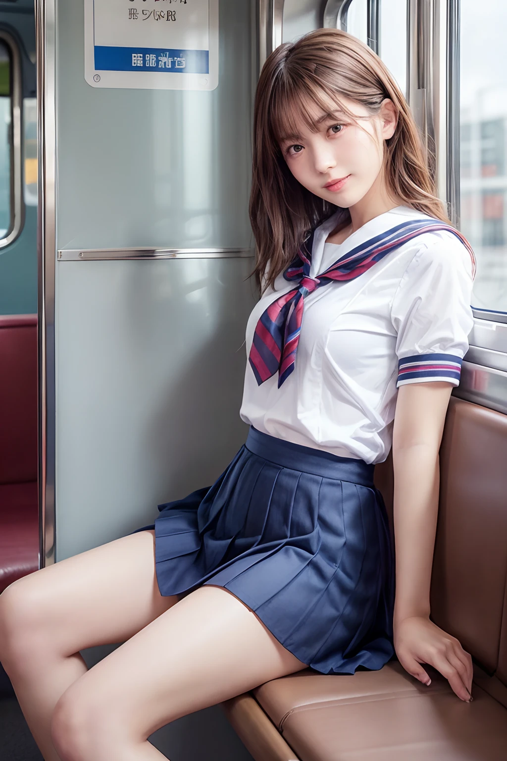 top-quality,ultra - detailed,tmasterpiece,hentail realism,photoreali,Bright lighting,1 girl in, an extremely beautiful 17-year-old girl, (kawaii:1.2),thin smile, (Brown eyes),(A brown-haired),(By bangs),perfect glossy shiny skins,Flawless skin,((erotick,Sexy and sexually explicit)),((Precise pointers，There is no incongruity)), Large full breasts,Big breasts Thin waist, looki at viewer,((a sailor suit)),((Short sleeve uniform white shirt)),(red necktie),(Blue mini pleated skirt),(((skirt lift by yourself))),(lifted by self),(showing panties),panties on,panty focus,((Sit up,spread their legs)), sockes, (Black Knee Socks),(Loafer shoes), In the daytime,On the train,Horizontal bench seat with your back to the window