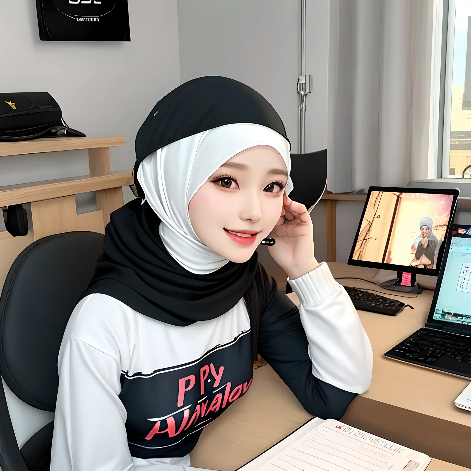 Hijab,realistic,kpop idol,1girl,korean girl,sexy,beautiful,he tall,super big breast,(P cup),happy and smile very detailed face,Arsenal t-shirt,hijab,and long tight pants outfit,in bedrom,table,chair,computer,earphone,handphone,hijab girl is player mobile gameplay,sitting on chair,use earphone in hijab