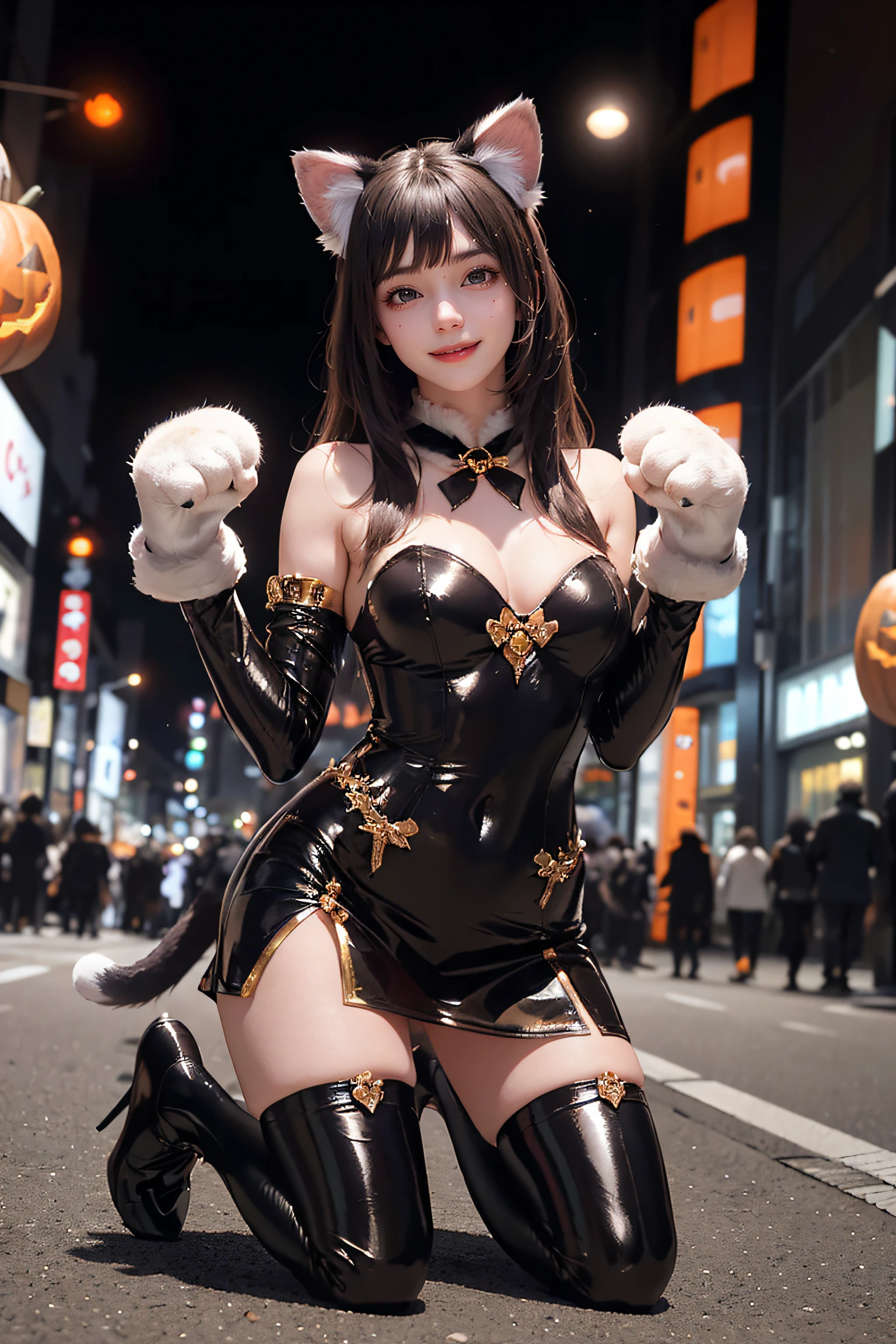 masterpiece, top-quality, top-quality, Beautifully Aesthetic:1.2, 1girl, Halloween party night, ((Wearing a high-quality Sexy cat costume of fur, gloves of cat, cat paw-shaped shoes, shiny slit miniskirt):1.2), high detailed, (Kneeling with elbow on the ground with paw pose:1.3), (large breasts:1.2), (firm breast, nicely shaped breasts), slender figure,
((Dark Brown Hair)), wavy hair, ((medium hair:1.2)),
((in A modern street of decorated for Halloween in Shibuya at late night:1.2)), (Upper body shot:1.1), (From below:1.3), (Focus on hands:1.1), ((looking at viewer:1.2)),