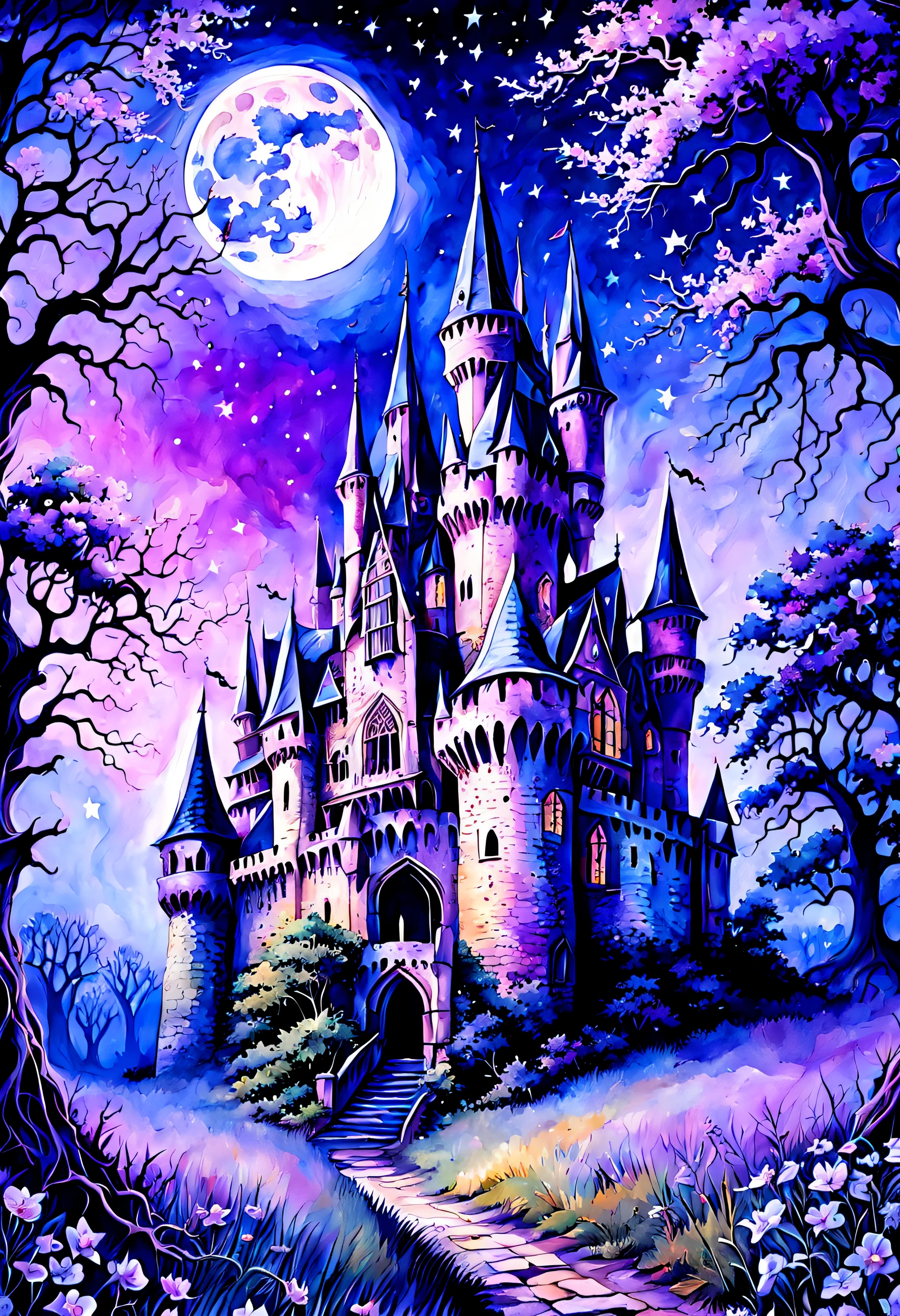 Pastel watercolor High Gothic Soft violet Violet Blue Haunted Abandoned medieval castle Big oak tree Horrible creepy Sinister flowers Enchanting magic twinkling stars Sparkling stars Full moon complex pattern Perfect composition masterpiece Crazy detail Extreme detail Super detail Beautiful volume Deep rich colors Beautiful gorgeous masterpiece