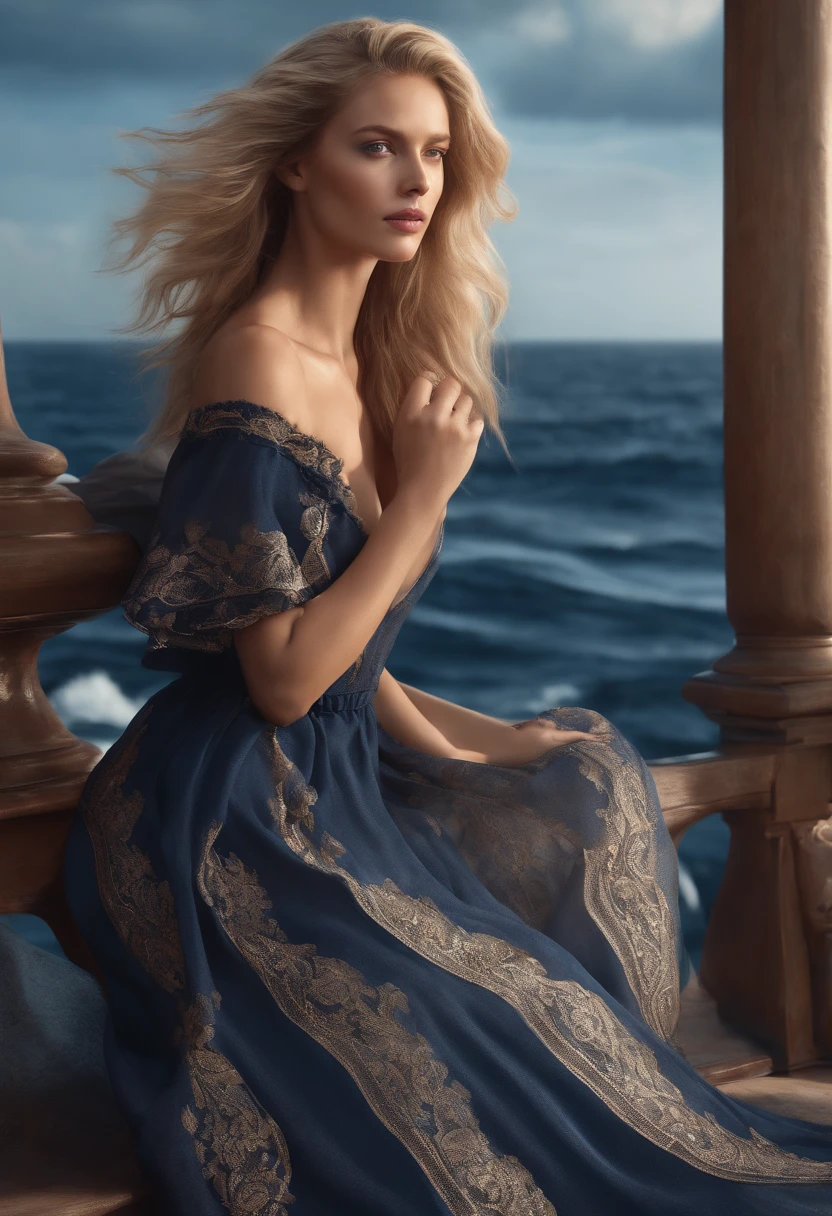 On the deck of a luxurious yacht, the blonde woman with blue eyes is depicted in a flowing navy blue sundress, the vast ocean behind her. This digital art, inspired by Károly Lotz, is making waves on CG Society. The 8k portrait render captures the softness of the sea breeze, with the photorealistic artstyle highlighting her sun-kissed skin and windswept hair.